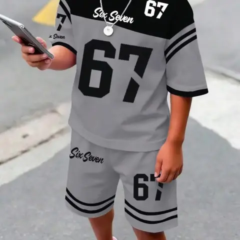 【Biack Friday】American Retro 67 Kids Sports Set, Clothes Kids, Boy Summer Short Sleeve Shorts Two-Piece Set, Casual Slim-Fitting Graphic for Children