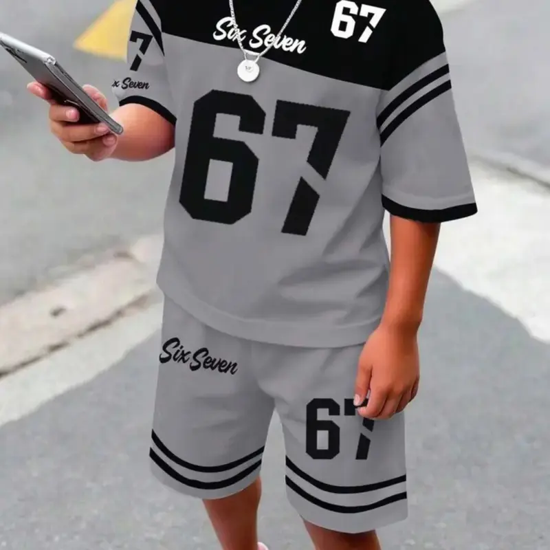 【Biack Friday】American Retro 67 Kids Sports Set, Clothes Kids, Boy Summer Short Sleeve Shorts Two-Piece Set, Casual Slim-Fitting Graphic for Children