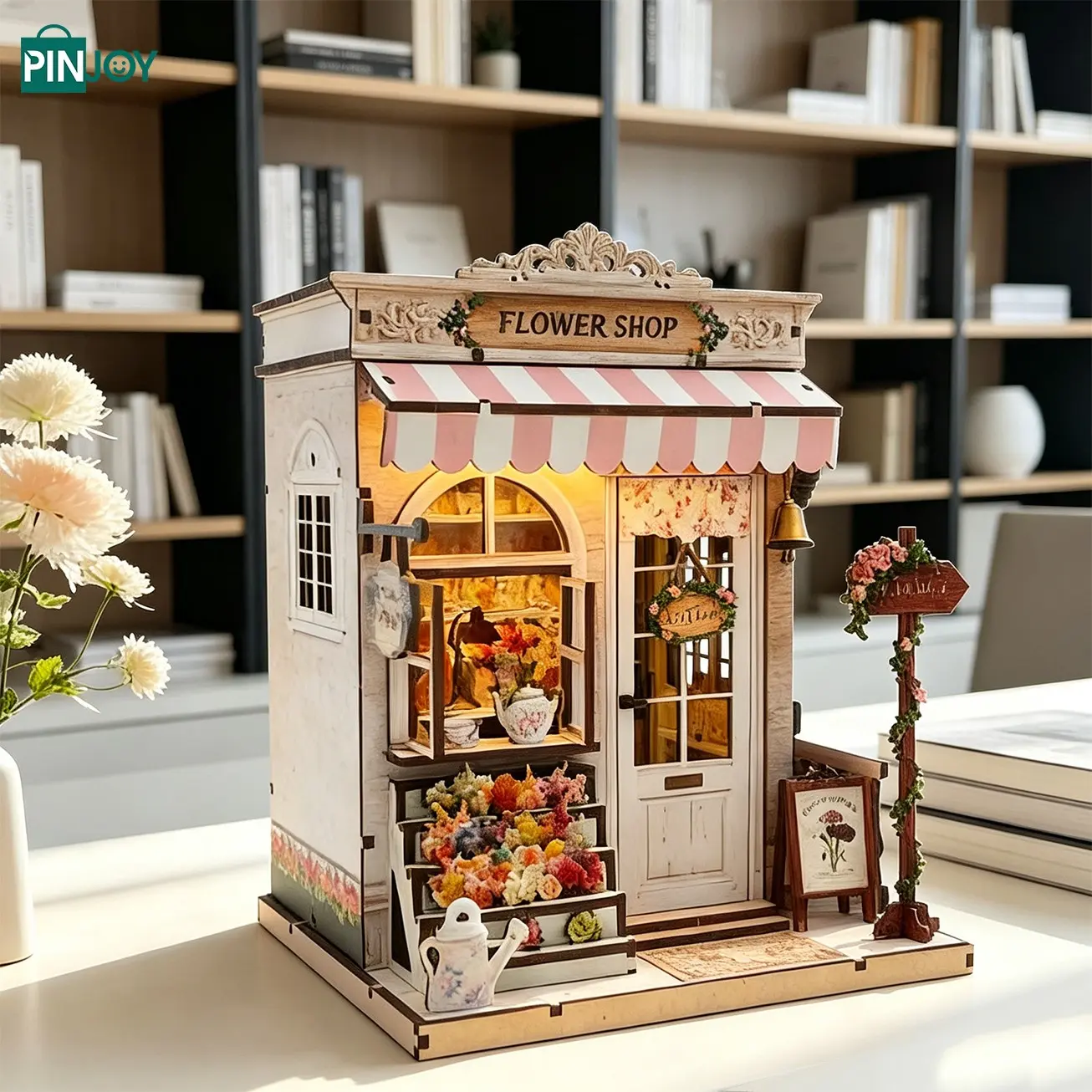 Healing Flower Shop DIY Book Stand Model Kit, DIY Building Model, Mini Shelf Insert, 3D Wooden Puzzle for Adults and Teens, Home Decor and Gift Idea