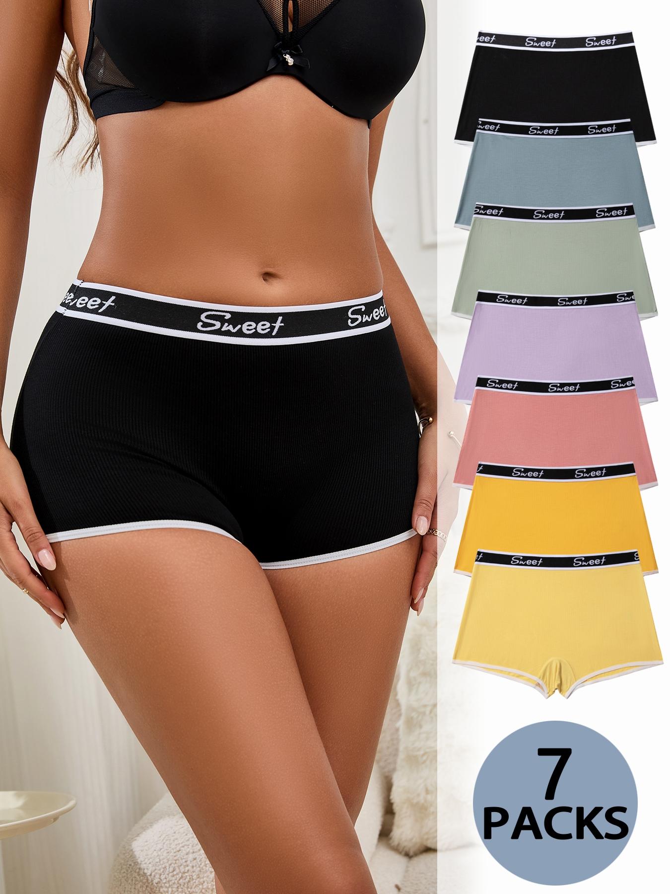 Women's 7pcs Letter Tape Contrast Binding Ribbed Boxer Brief, Soft Comfy Breathable Minimalist Panty for Daily Wear, Underwear for All Seasons