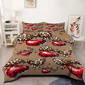Leopard Print Bow Comforter Set, 2/3Pcs Cherry Print Bedding Set, Soft  Microfiber Quilted Quilt, Ideal Girls Bedroom, Chic Apartment Home Decor, Perfect Gift Coquette Style and Leopard Print Lovers. 1 or 2 Pillowcase No Filling