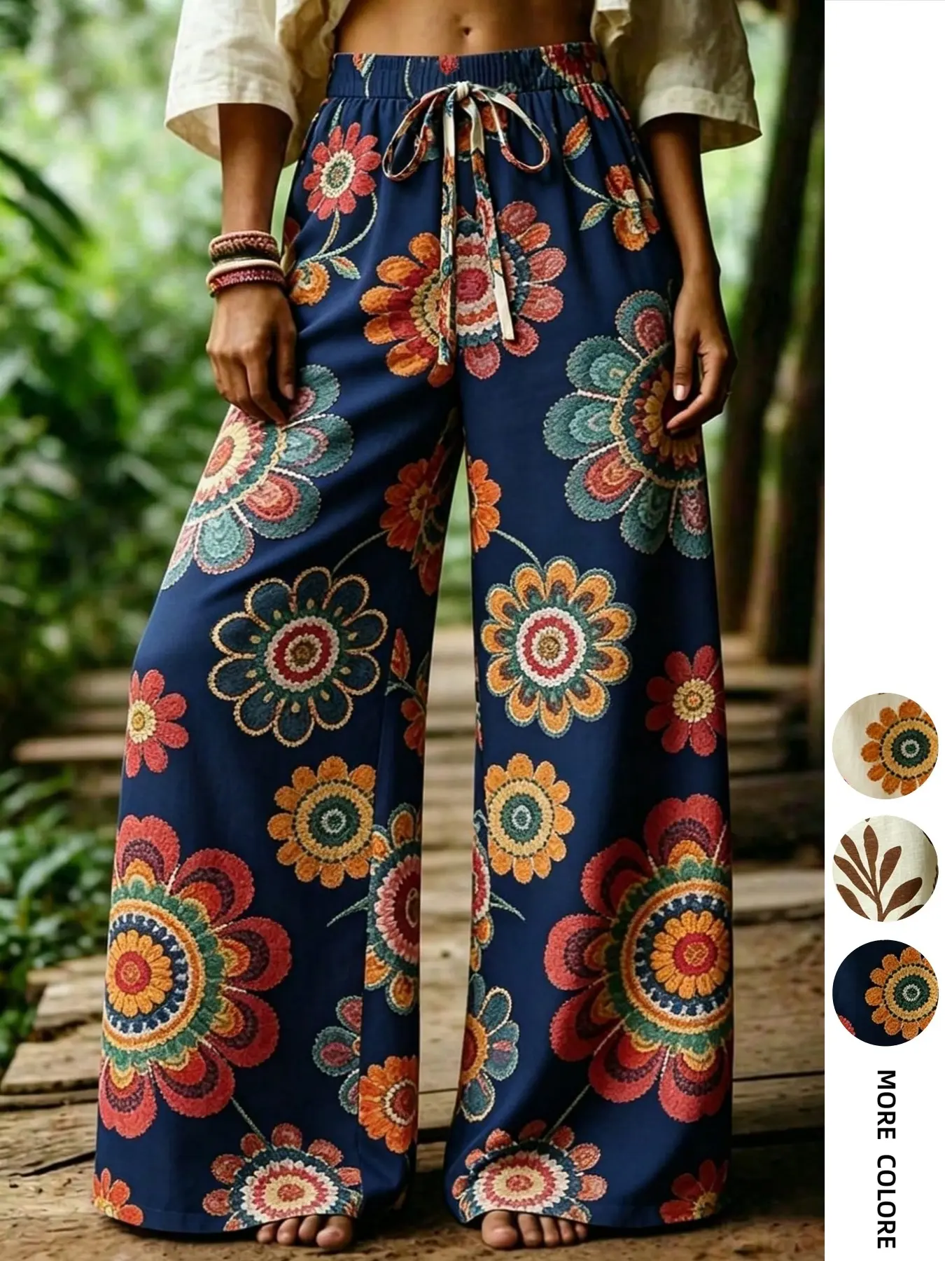Women's Bohemian Boho Floral Wide-Leg Pants, Drawstring Waist, Loose-Fit, Casual Long Trousers, Summer & Daily Wear, Comfortable Design