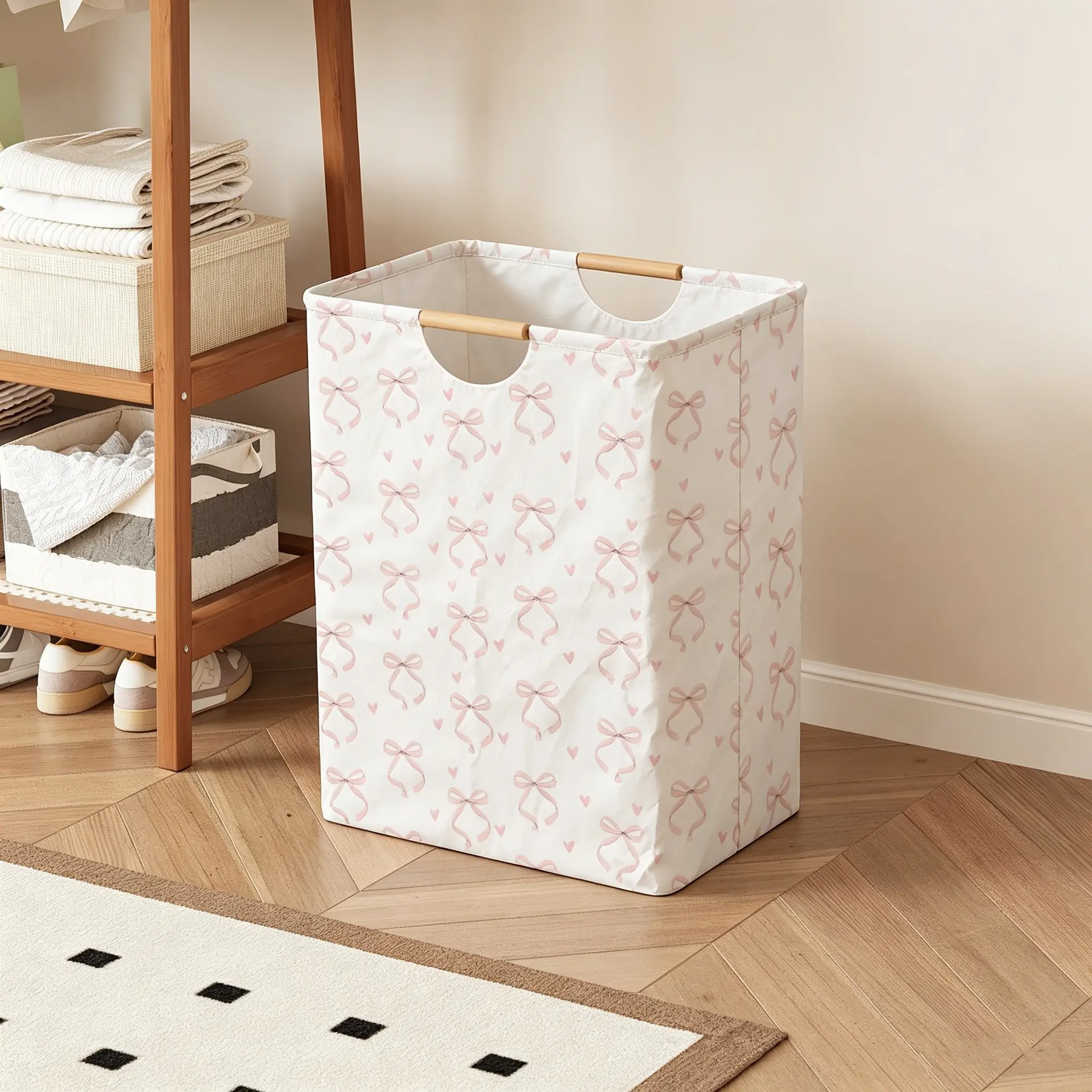Butterfly Knot Print Open Storage Box, Foldable Laundry Basket with Handle, Home Bathroom Collapsible Clothes Organizer Bucket, Folding Laundry Basket
