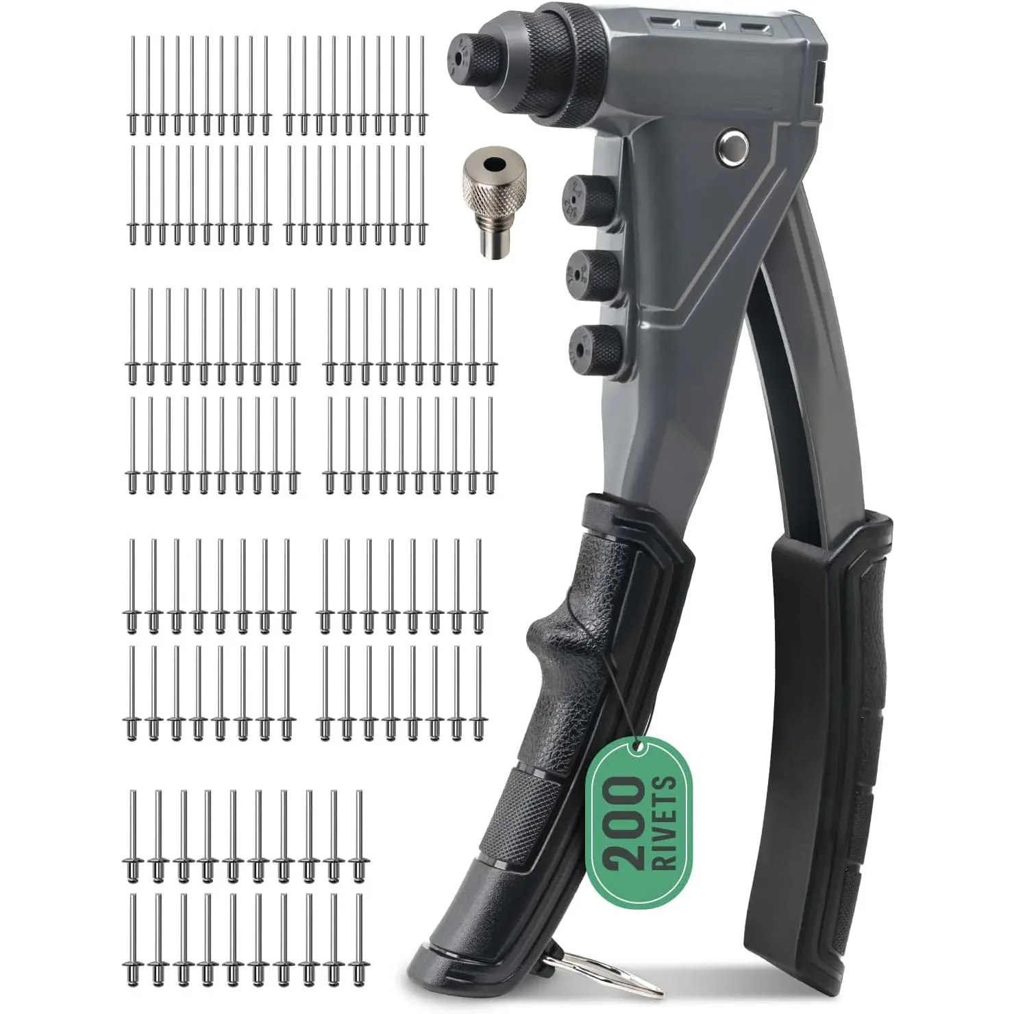 One-Handed Pop Rivet Gun Set - 9.6" Extended Ergonomic Handle, 4 Tool-Free Interchangeable Heads, 200 Aluminum Rivets (3/32" 1/8" 5/32" 3/16"), Professional Manual Riveting Tool  Metal Work