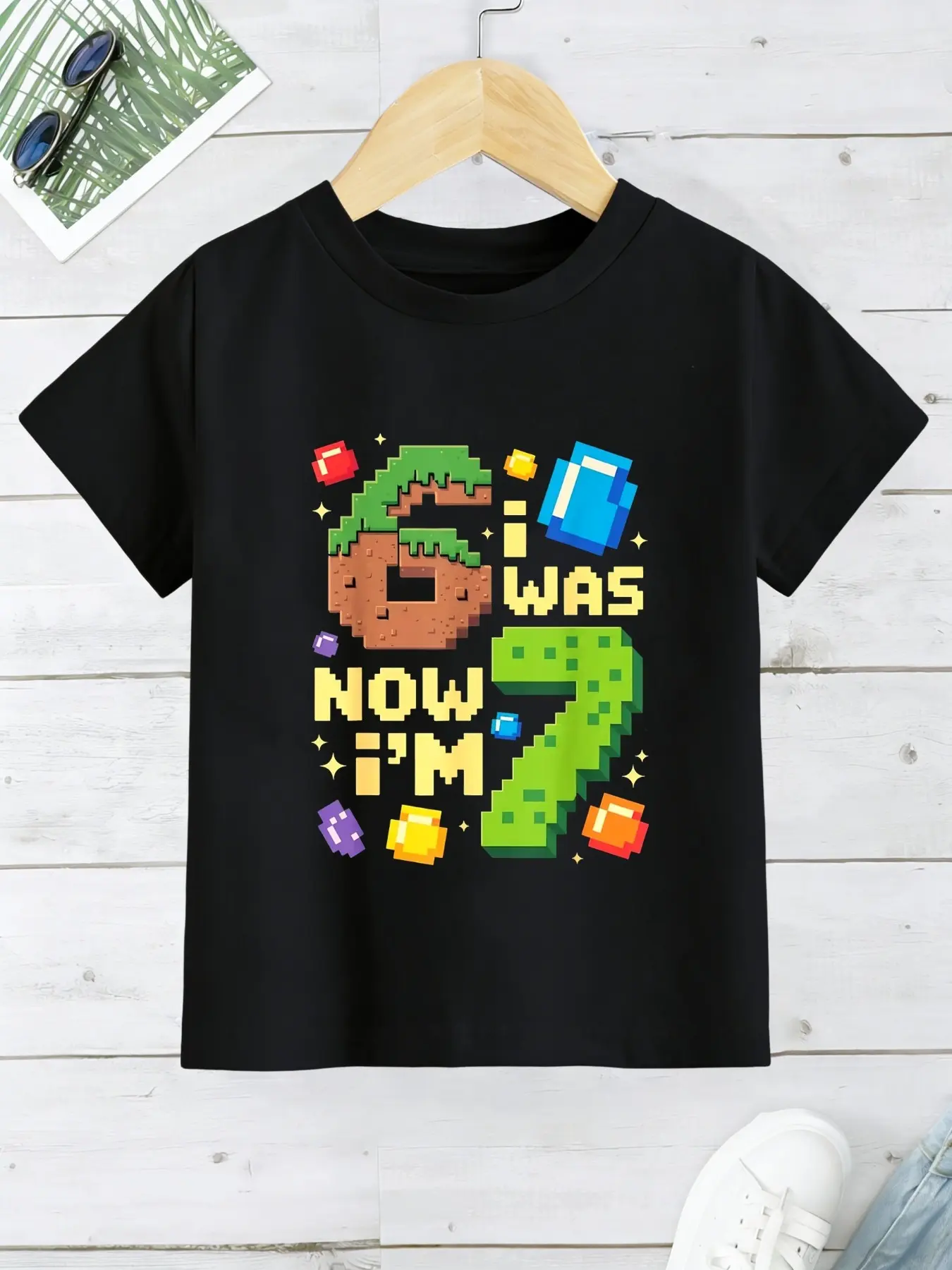 Minecraft Birthday Tee for Boys, Pixel Art Print, Loose Fit, Summer Game Wear, Ages 6-7, Base, All Seasons