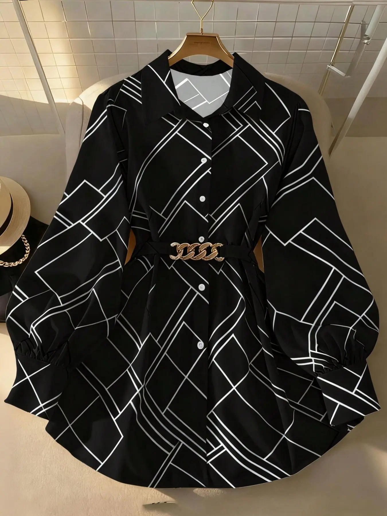 Luxury Metal Belted Waist Shirt, Colorblock Geometric Print, Stand Collar Bubble Sleeve, Medium-Length Blouse Top