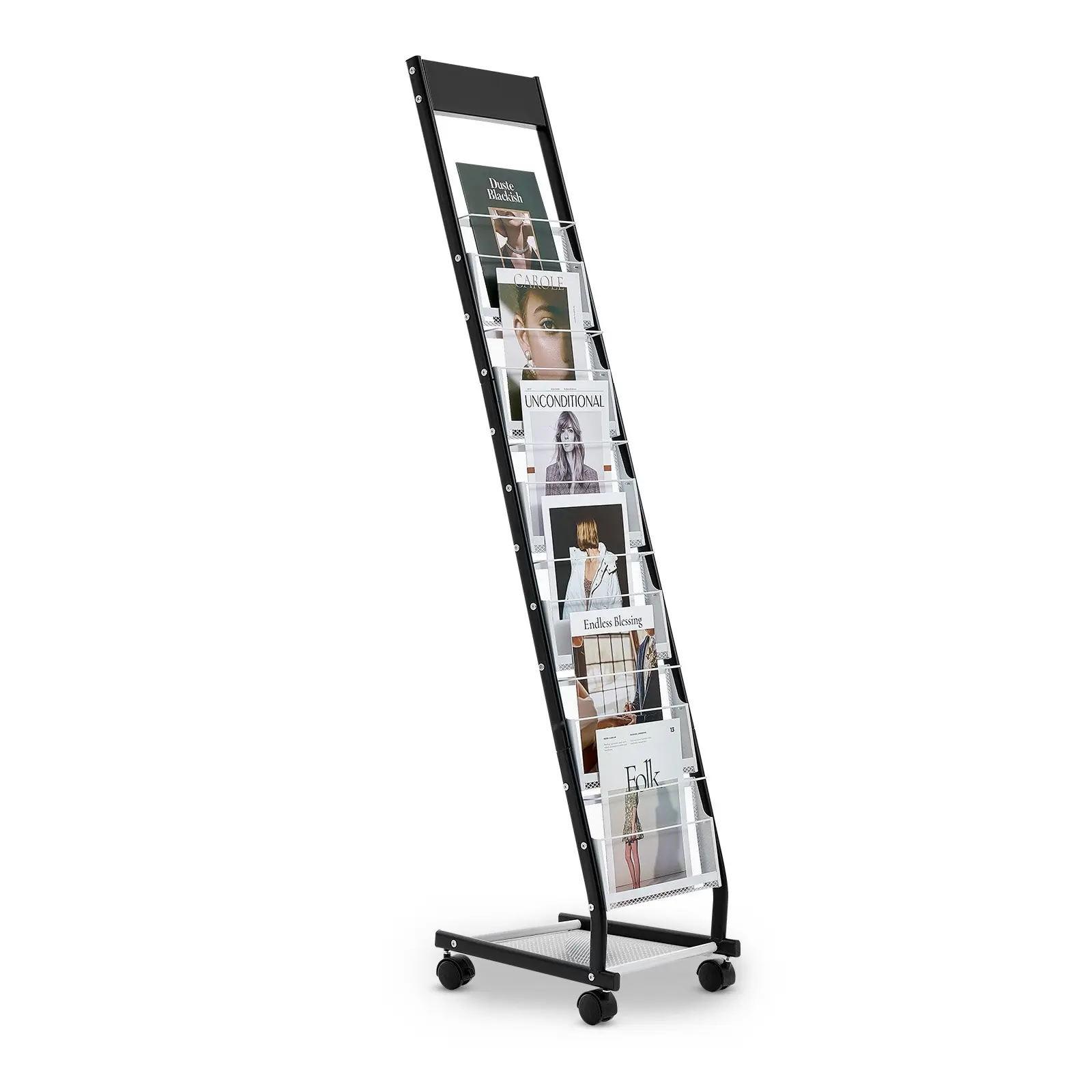 Metal Narrow 6-Tier Organiser Magazine Rack with Wheels, Floor-Standing Literature Stand with 6 Compartments, Movable Office Use Storage Holder for Shops, Exhibitions, Magazine Racks