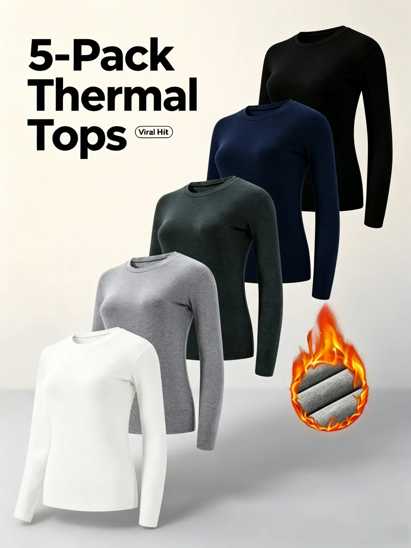 5-Pack Women's Micro-Fleece Warm Long Sleeve Tops, Lightweight Quick-Dry Thermal Underwear for Fall & Winter, Casual Daily Wear