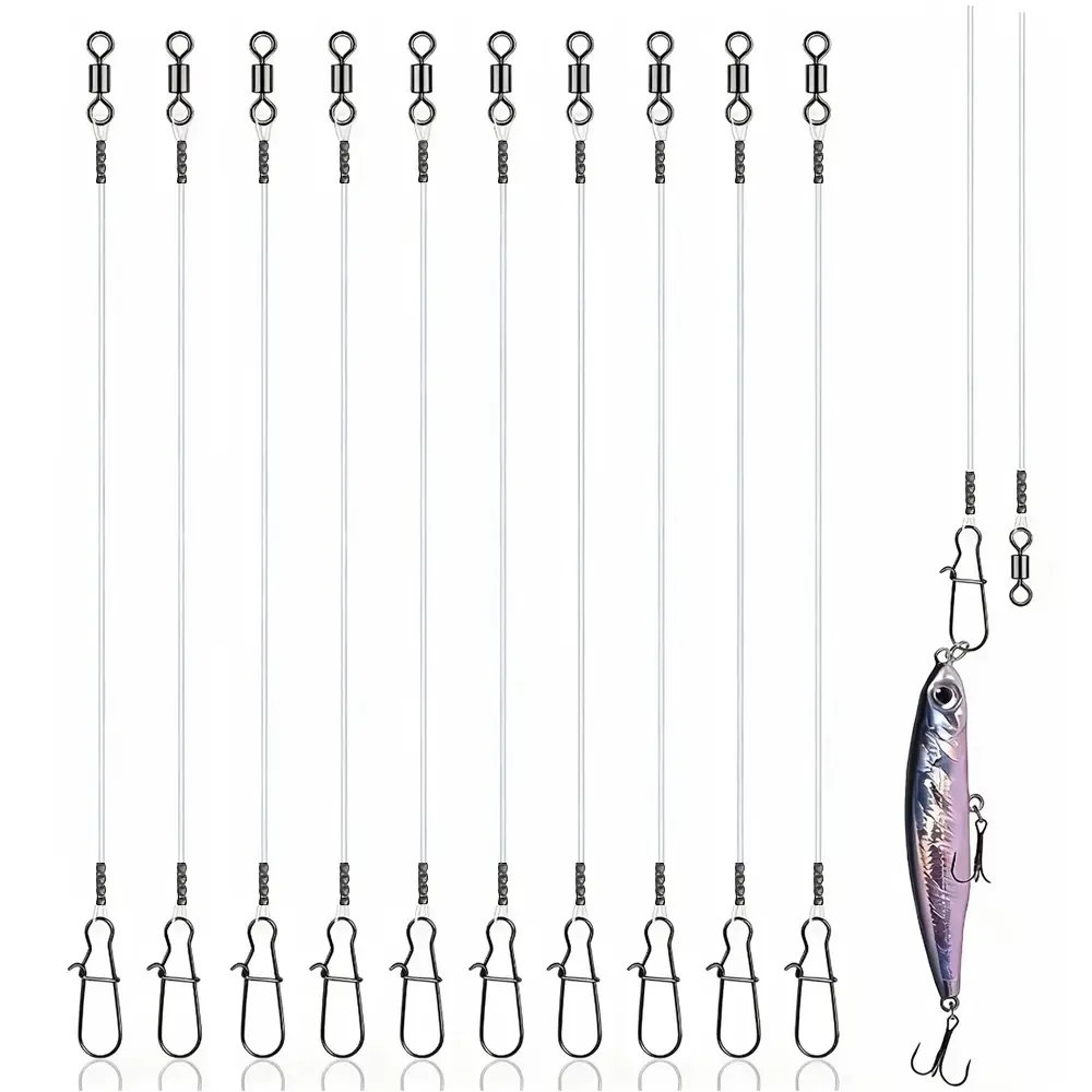 10pcs Fluorocarbon Wire Leader Line with Swivels, High Strength Tooth Proof, Saltwater Freshwater Fishing Gear, Connect Tackle Lures Rig Hooks, Outdoor Fishing Equipment, Durable Fishing Gear, Fishing Gear And Equipment