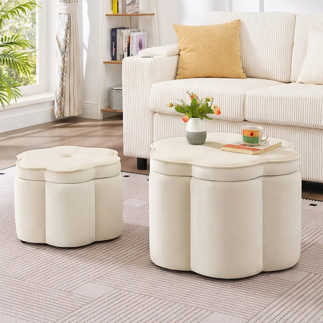 Cream Soft Floral Upholstered Footstools & Ottomans - ARCH 2-Piece Velvet Set, Flower Petal Design, Foam-Upholstered, 5-in-1 Versatility, Hidden Storage, Built-In Storage Cubbies, Fully Assembled, 24.00W x24.00D x17.00H in, for Living Room, Dorm, 350 Lbs