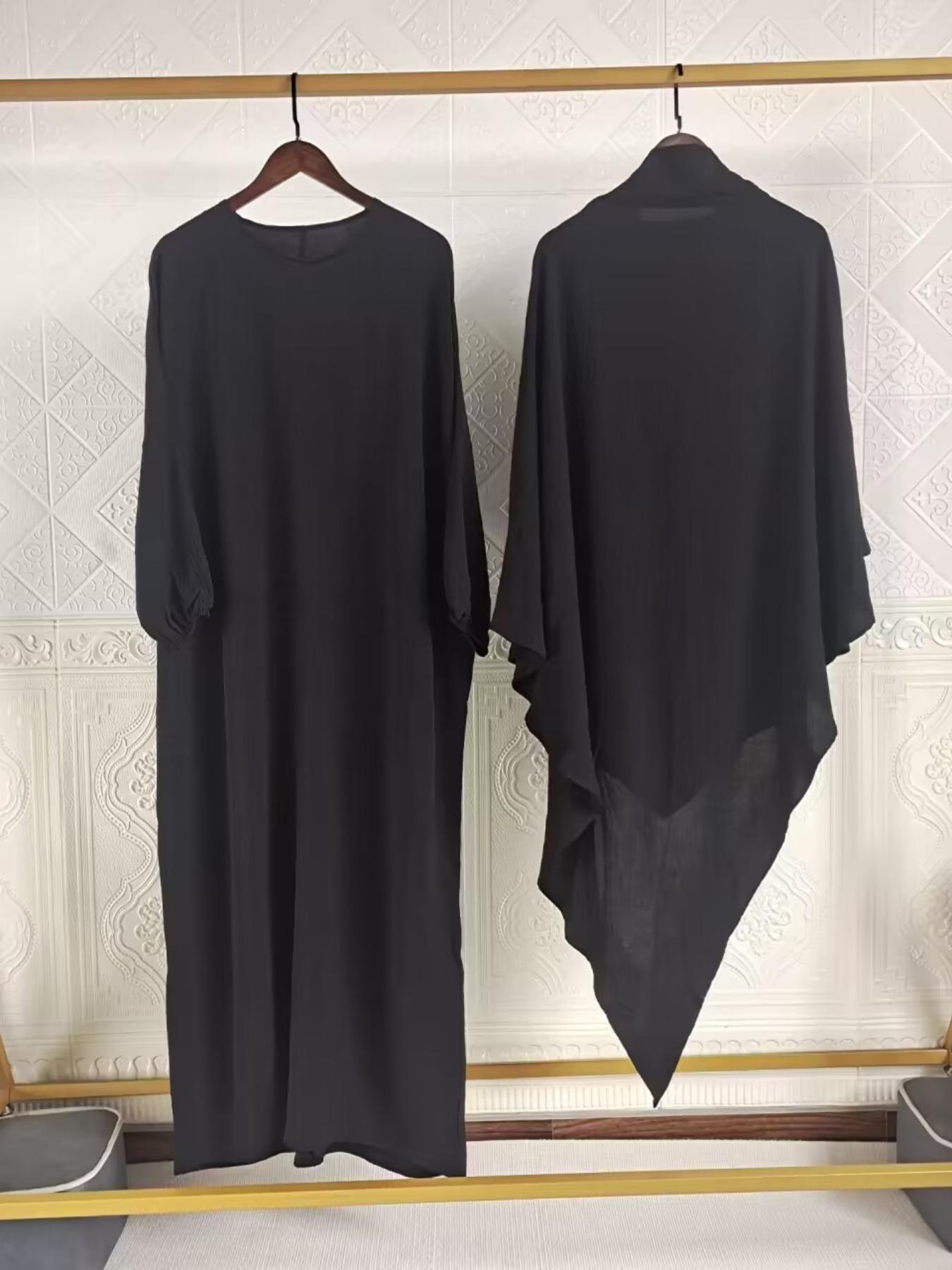 Women's Solid Long Sleeve Abaya & Hijab Set, Modest Fashionable Two-piece Outfits for Women, Women's Islamic Clothing for Daily Wear