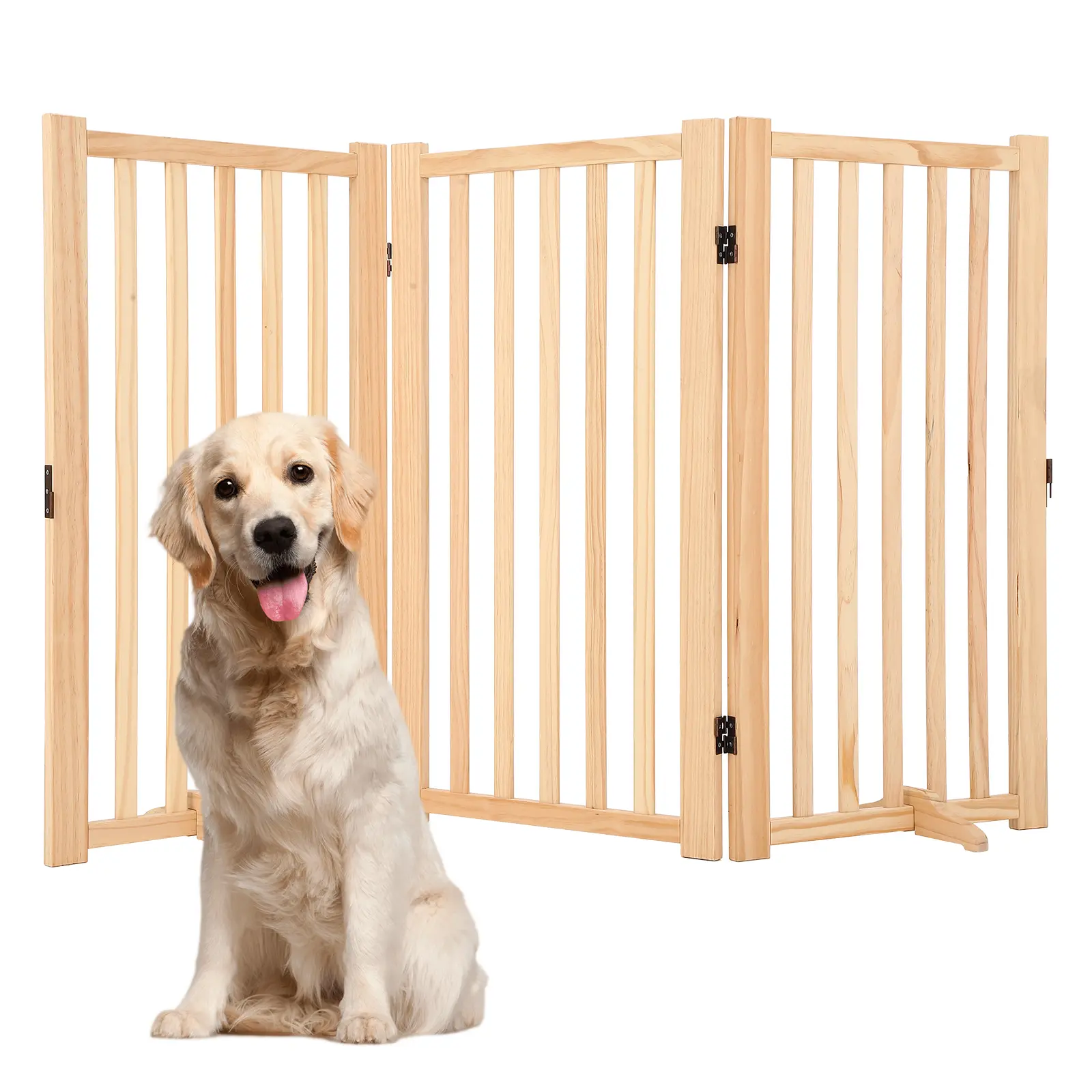 Freestanding Dog Gate – 4 Panels, Collapsible Natural Wood Pet Barrier with Support Feet, Adjustable 20''-60'' Wide, 24''/90cm Tall, Non-Slip Mats – For Doorways, Stairs, Home