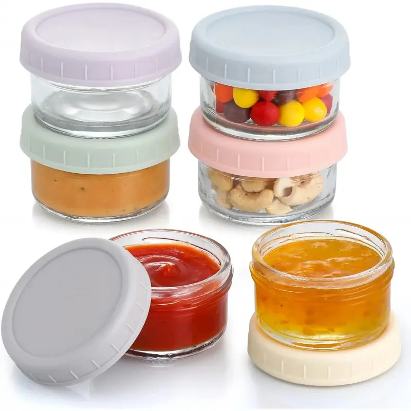 Kitchen Sturdy Small Glass Salad Dressing Containers with Silicone Covers - 6 Pack (1.7 oz) Reusable Dipping Sauce Containers for Meal Prep, Lunch Boxes