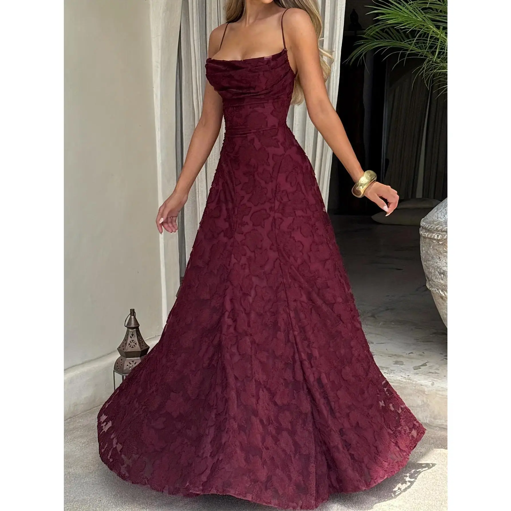 Women's Elegant Polyester Woven A-Line Spaghetti Strap Maxi Dress - Solid High-Waisted Backless Formal Gown for Wedding Guest, Prom, Formal Wedding, Wedding Guest Dresses