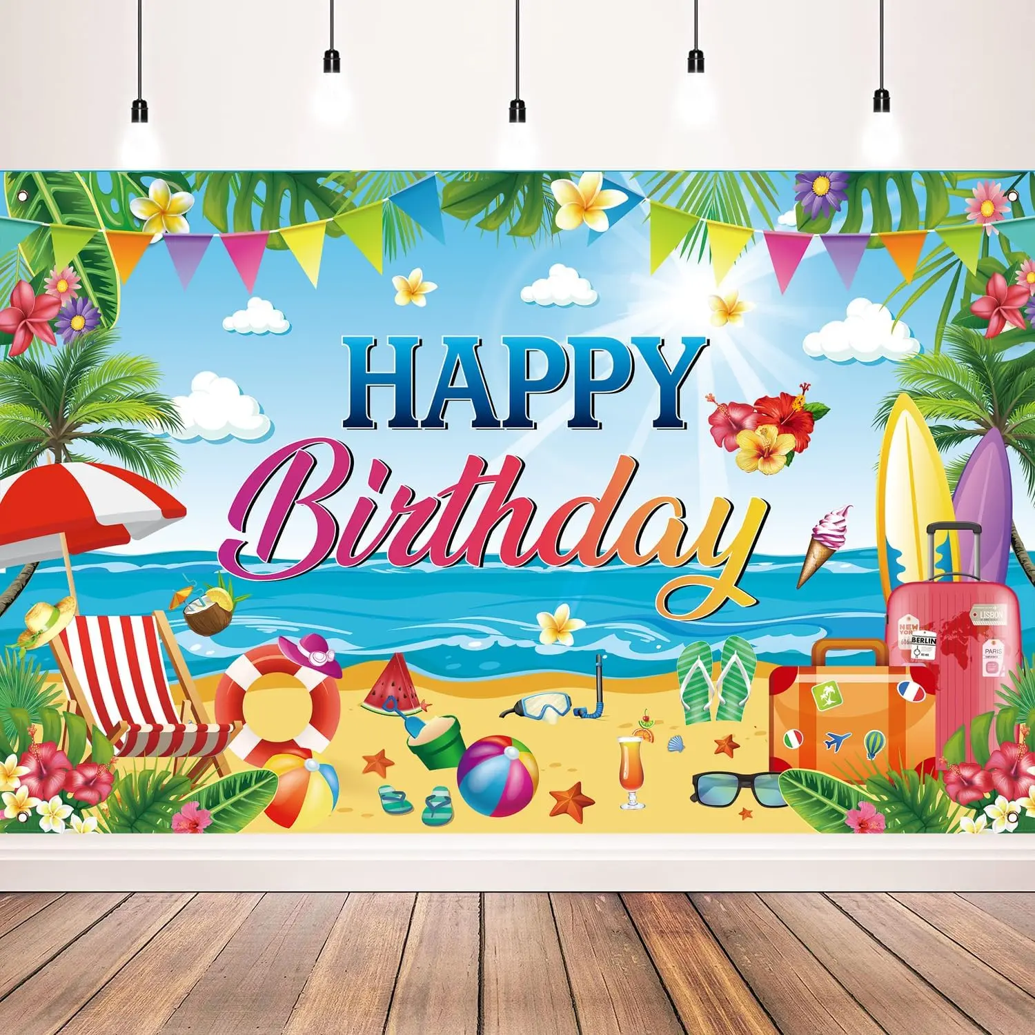 Happy Birthday Tropical Beach Backdrop, Hawaiian Luau Summer Birthday Party Decorations Banner, Pool Beach Photo Booth Background, 71 x 43 Inch