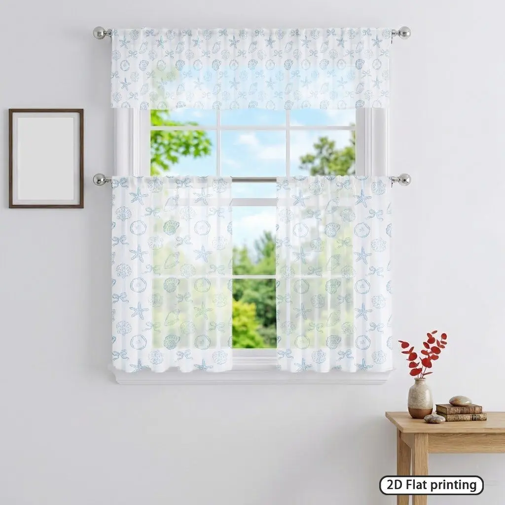 3pcs coastal starfish and shell printed transparent curtains, semi transparent polyester pole pocket design, filter and privacy protection, suitable for Indoor Decoration, fresh ocean style, easy to hang