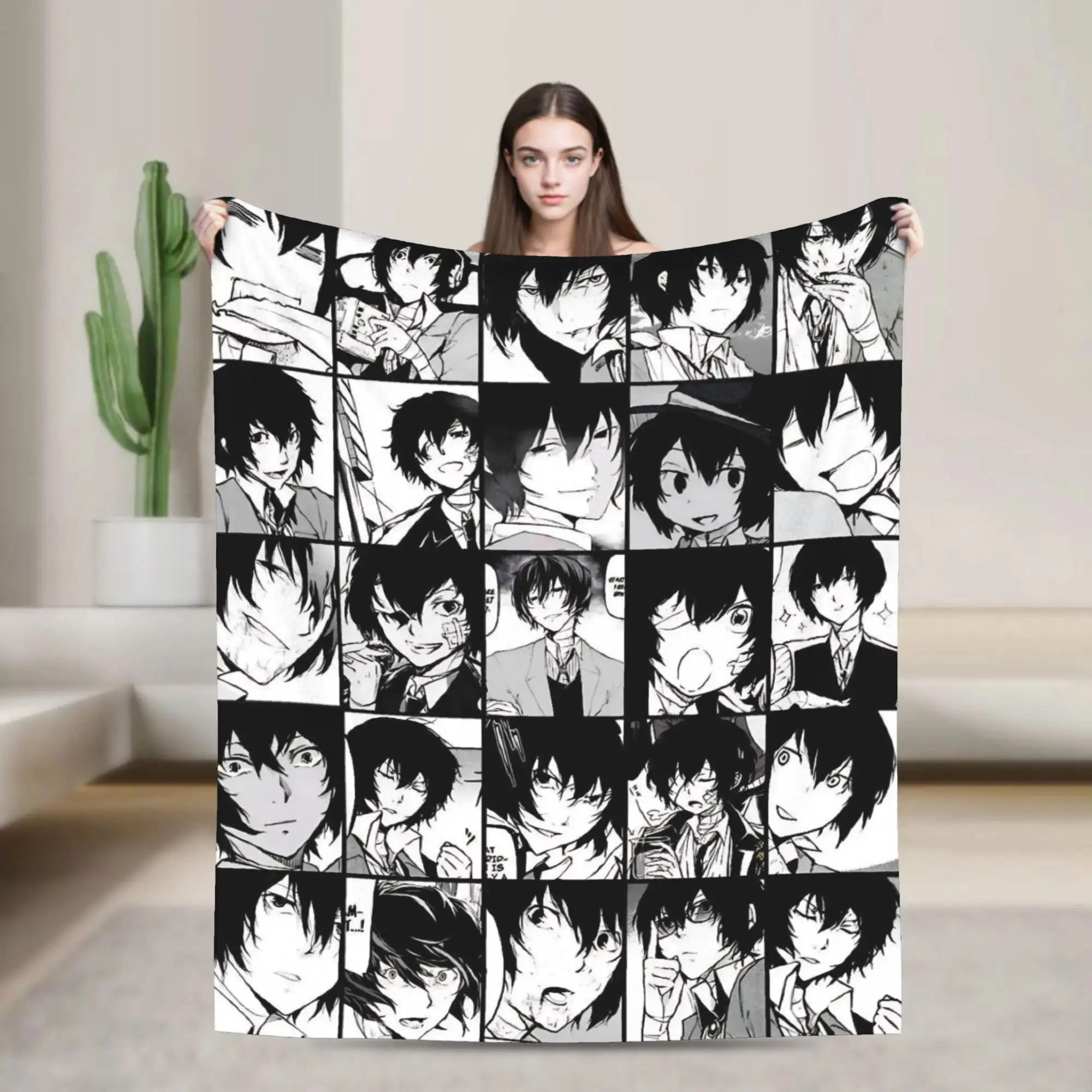 Bungo Stray Dogs Dazai Anime Pattern Flannel Throw Blanket, Polyester, Warm Soft, Multi-Size, Camping Couch Sleeping Gear, Gift Idea