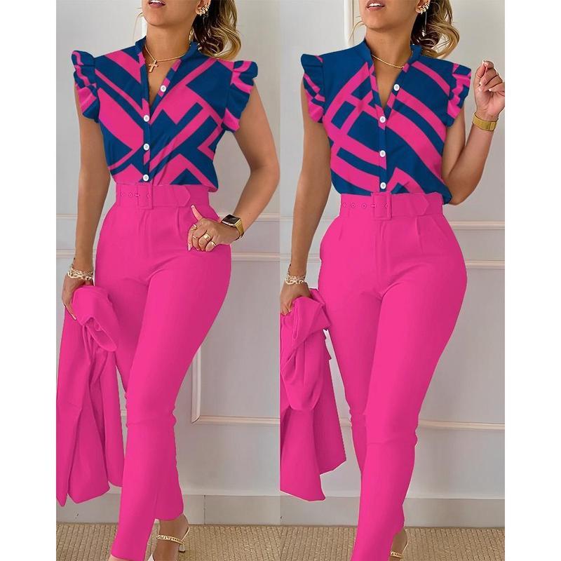 Women's 2-Piece Floral Print Blouse Solid Pants Set with Belt, Breathable Lotus Sleeve Top & Stretch Trousers Office to Casual Versatile Outfit Comfort Clothes Jacket Suits Chic Womenswear matching sets vacation Cropped Beach