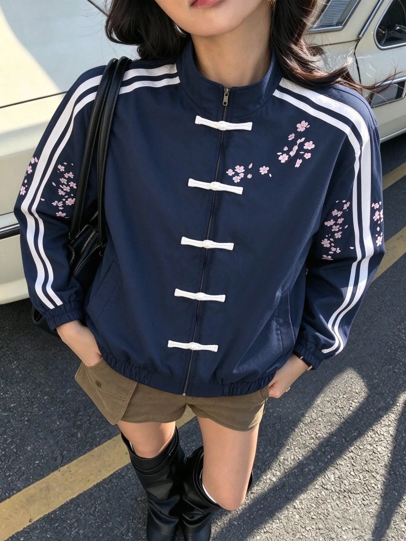 Women's Navy Chinese Frog Button Cherry Blossom Embroidery Floral Zip Jacket Stand Collar Retro Casual Coat