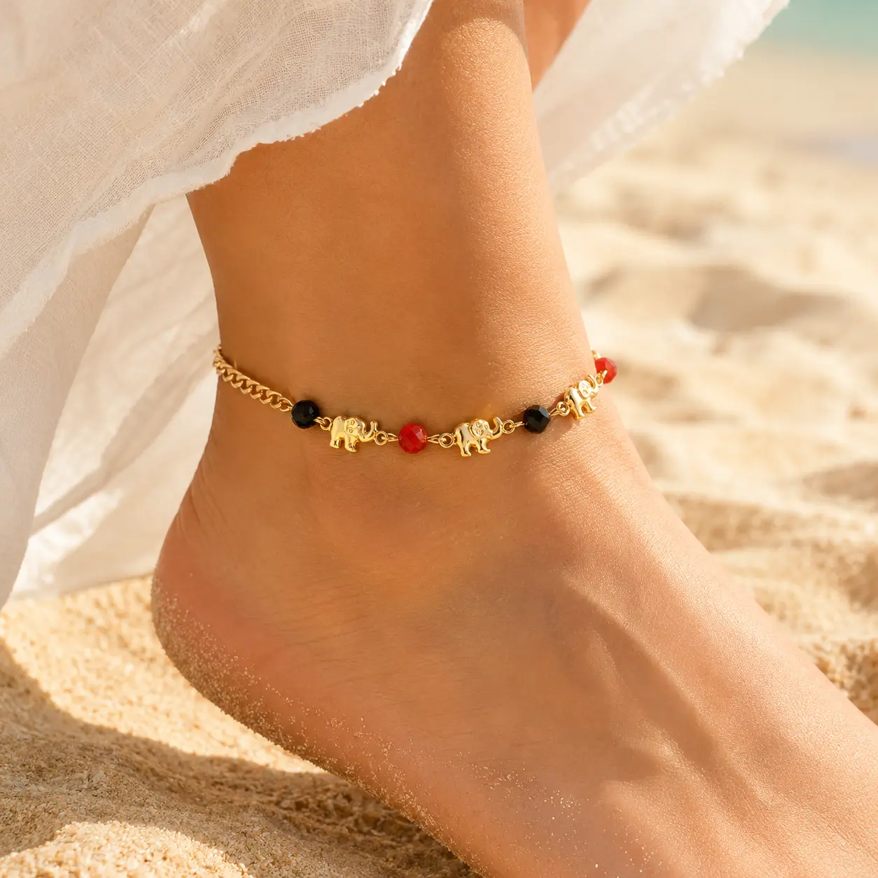 Elephant Anklet for Women, Gold Charm Anklet with Red & Black Beads, Boho Summer Ankle Bracelet, Cute Beach Jewelry Gift