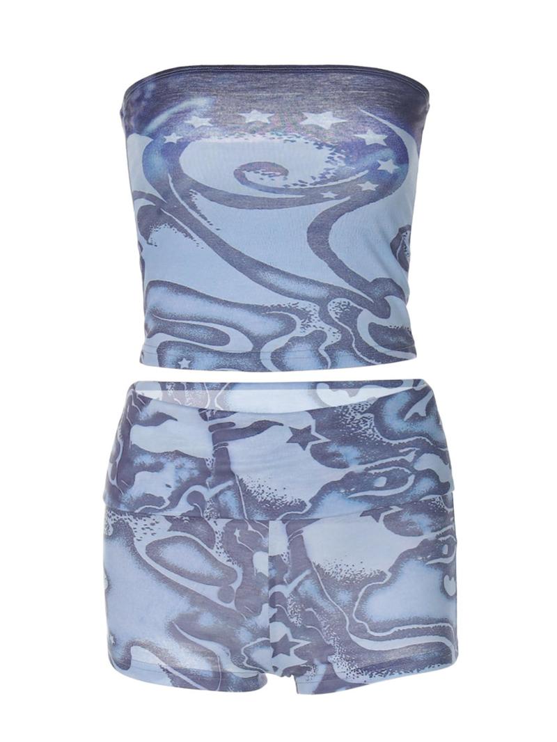 Two-piece Set Women's All Over Print  Crop Tube Top & High Waist Shorts, Fashion Casual Clothing Set  for Daily Outdoor Wear, Ladies Clothes for All Seasons
