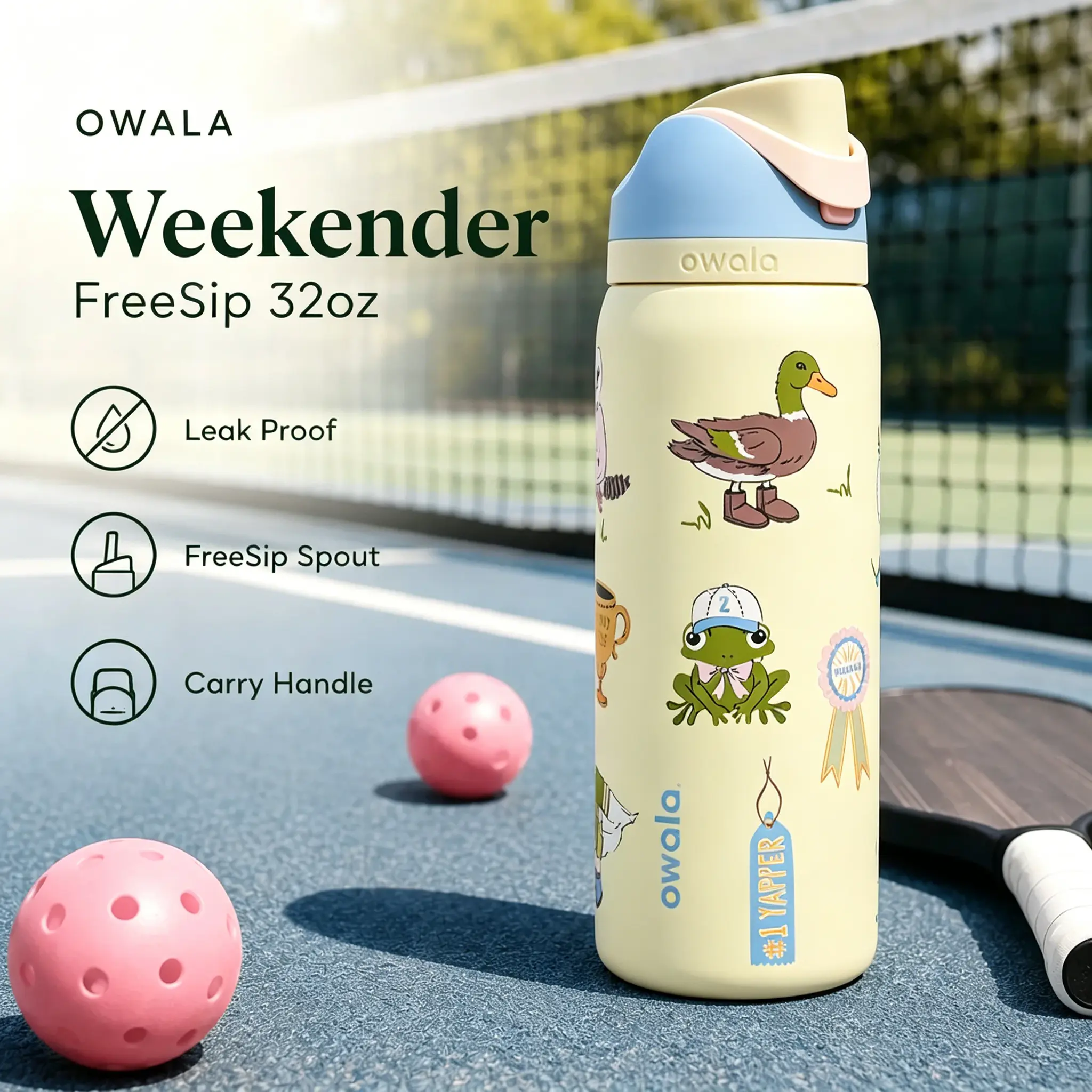 [Color Drop Collection] Owala FreeSip 32oz Portable Wide-Mouth Lightweight Leakproof Vacuum Flask, Cute Tennis Pattern Weekender Sports Water Bottle, All-Day Cold Retention, Gift for Her