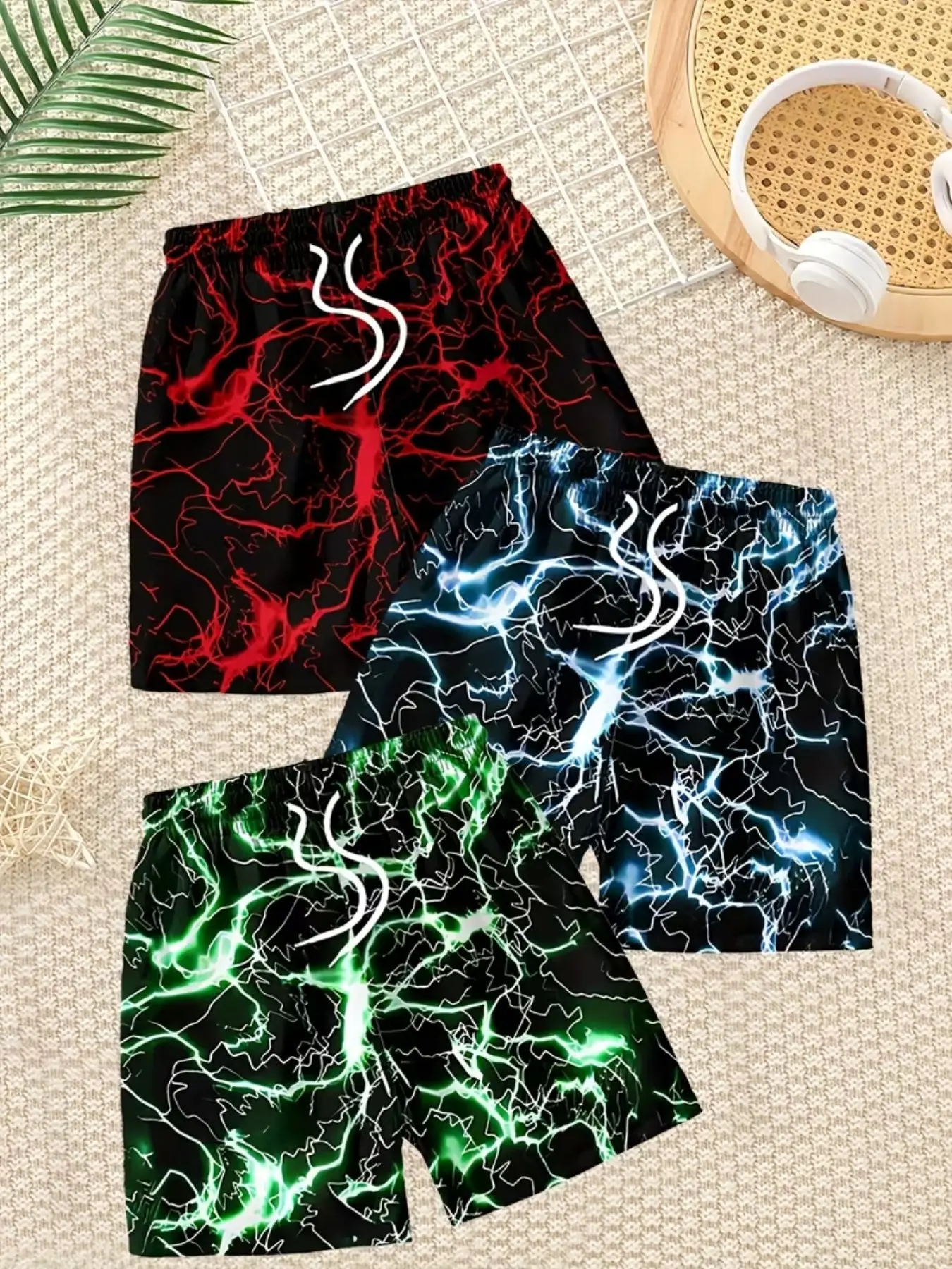 3 Pack Cool Lightning Pattern Beach Pants, Summer Lightweight Breathable Men's Short Shorts, Casual Knee-Length Fitted Drawstring Waist