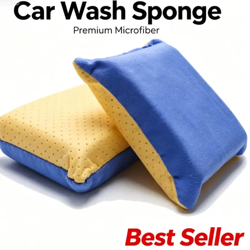 Double-Sided Microfiber Car Wash Sponge, Rich Foam, Smooth Paint Cleaning, Reusable, Compact Size, Ideal for Cars, Lights, Glass