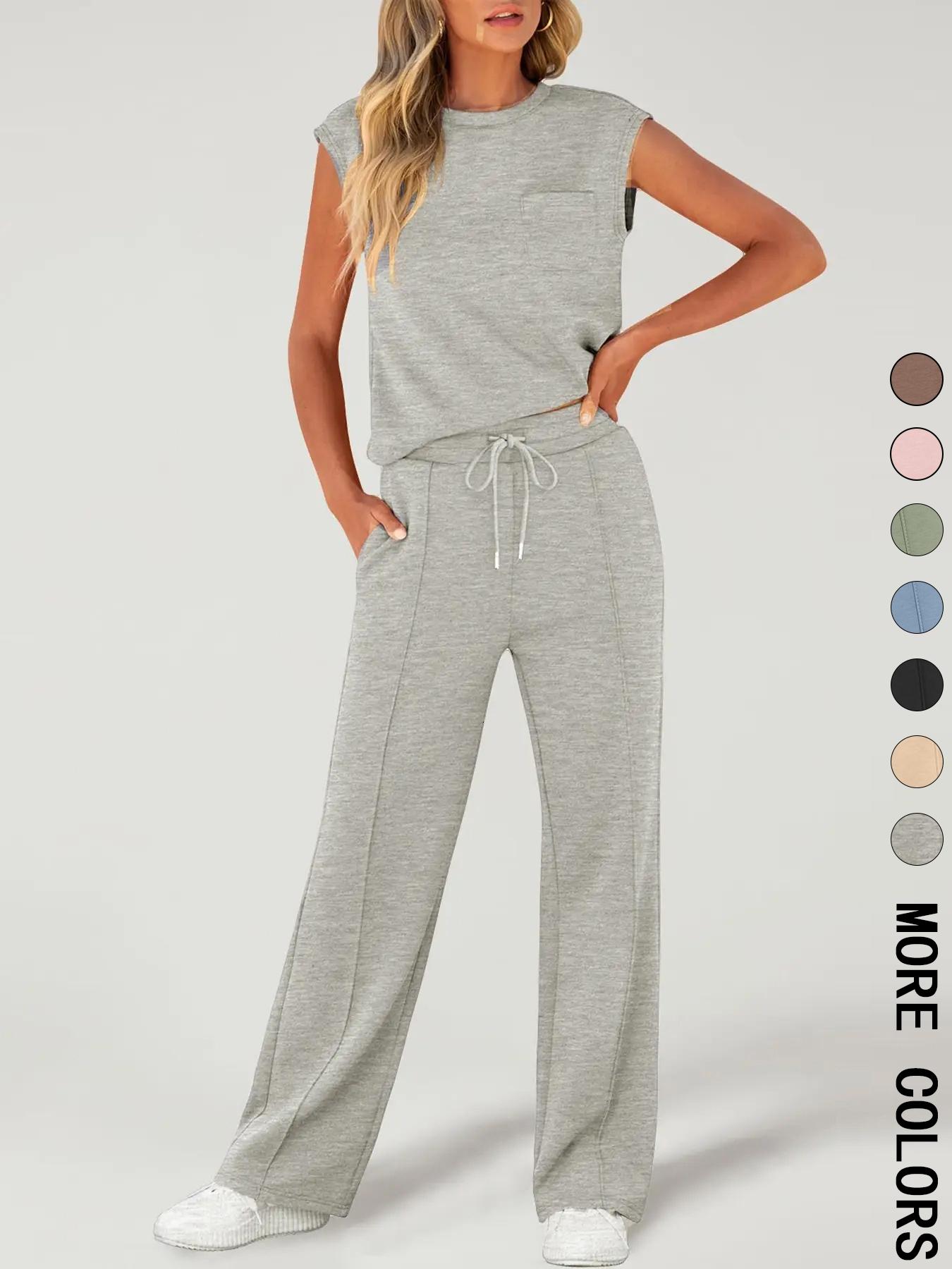 Women's Solid Fitted Tank Top with Pockets & Drawstring Waist Pants Two-piece Set, Casual Sleeveless Round Neck Top & Trousers for Daily Wear, Ladies Two-piece Outfits for All Seasons, Clothes, Womenswear