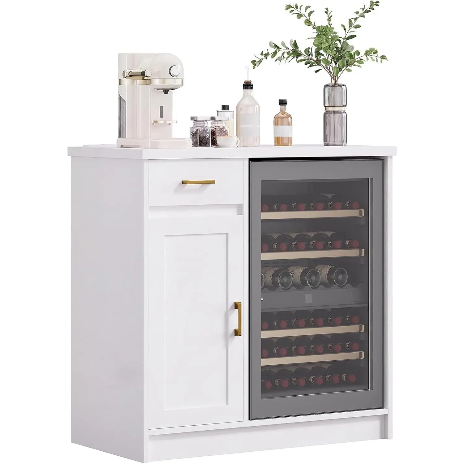Farmhouse Wine Bar Cabinet with Mini Fridge Space, Storage Drawer and Door with USB/Outlet Charging Station