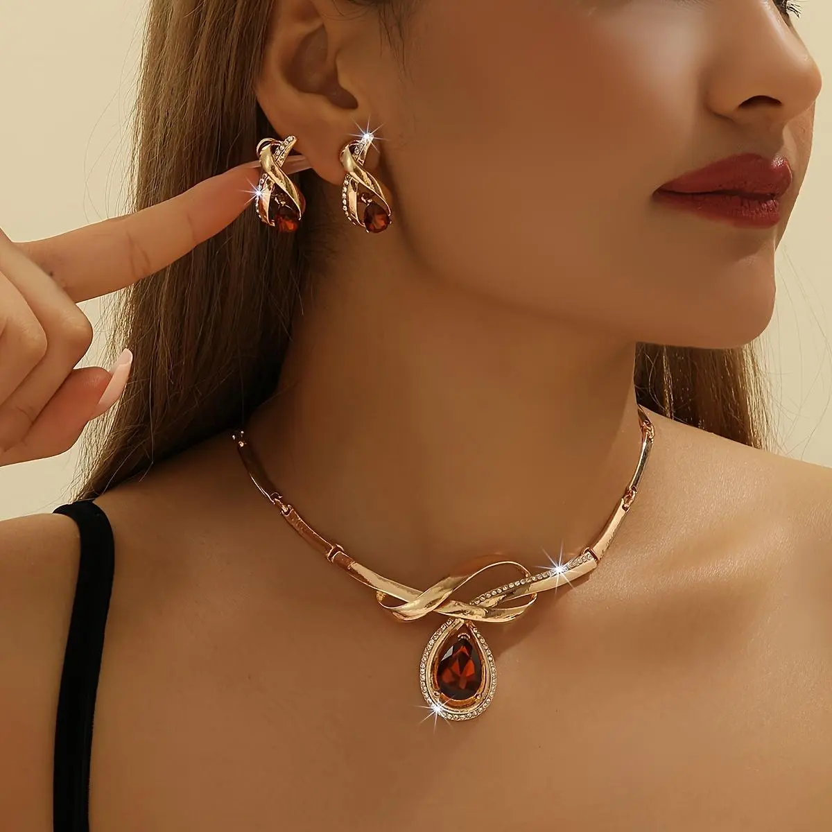 3pcs Fashion Jewelry Set - Women's Earrings and Necklace Sparkling Coffee-Colored Glass Design for Daily Wear Party Additions - Perfect Decoration for Fashion Trendy Followers