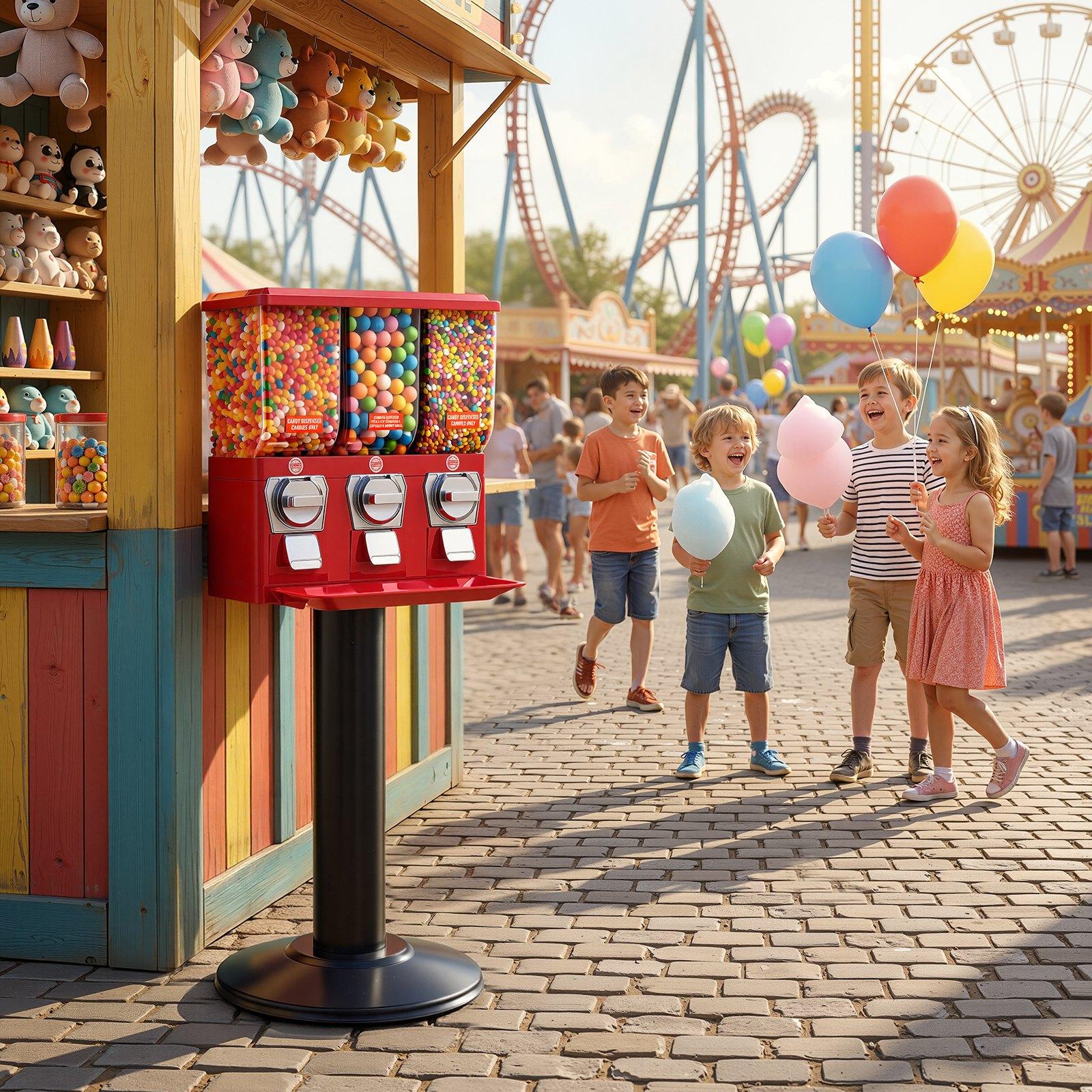 VEVOR Candy Vending Machine, Triple Compartment Candy Vending Machine with Stand, Gumball & Candies Vendings Machines with Built-In Cash Box, Detachable, Vintage Candies Dispenser for Shops, Arcades