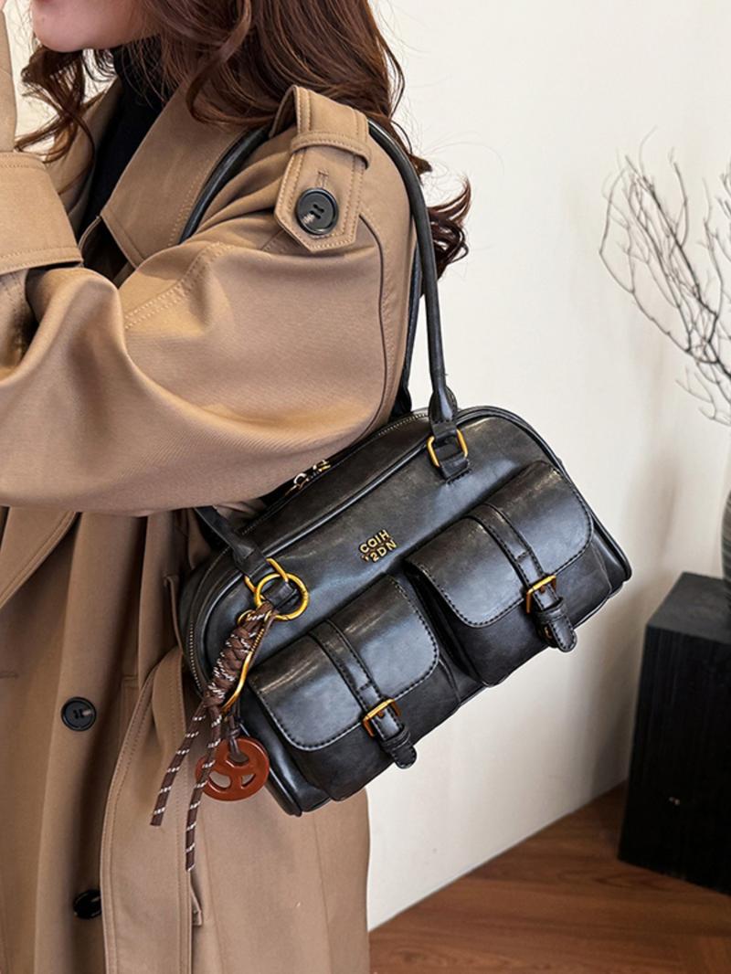 Women's Solid Color Classic Flap Shoulder Bag, Fashionable Large Capacity Shoulder Bag with Charm, Casual Versatile Commuting Bag for Daily Used