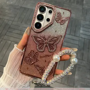 Gradient Glitter Butterfly Phone Case for Samsung Galaxy S26 S25 S24 S23 Ultra Plus Fe, Pearl Bracelet, Anti-Drop, Aesthetic Luxury Design, Accessories