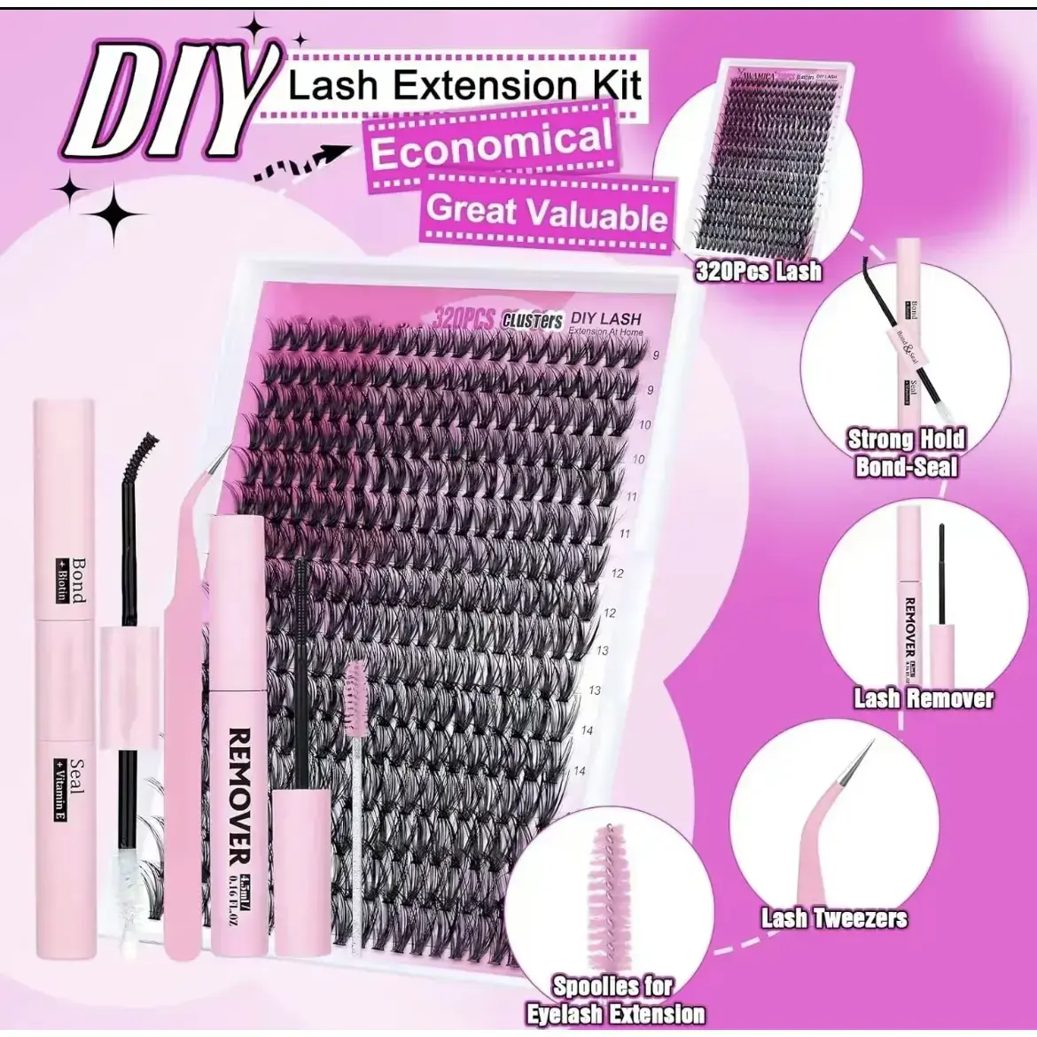 DIY Eyelash Extension Kit, 320pcs 40D D Curl Cluster Lashes in Mixed 9-14mm Lengths for a Natural Look, Includes Lash Bond and Seal, Tweezers, and Remover for Easy Application at Home, Eyelashes, Individual Lashes