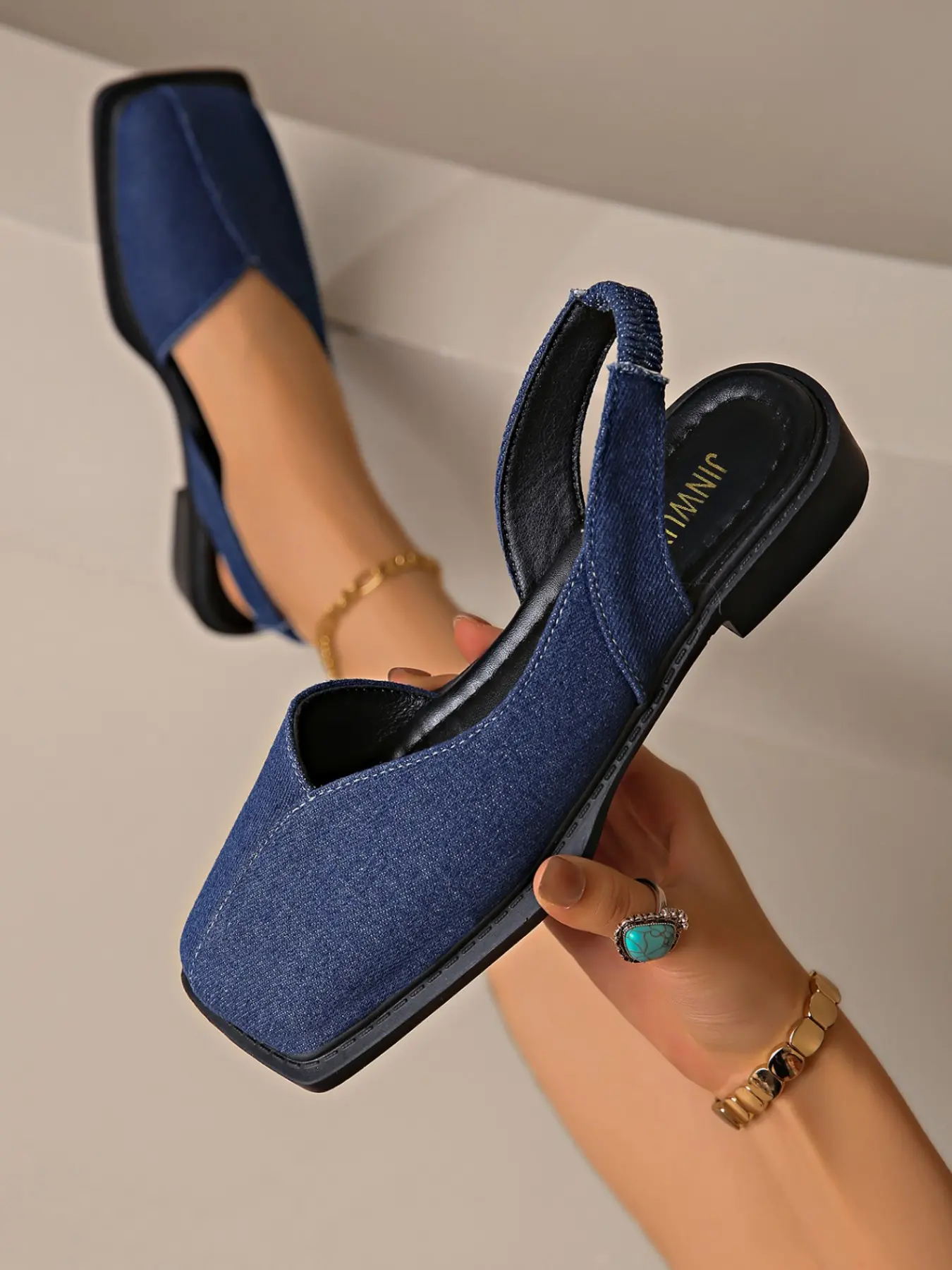 Women's Square Toe V-Cut Denim Slingback Streetwear Mules Elastic Stretch Back Strap Low Flat Sole Minimalist Retro Daily Casual Office Slip On Flats