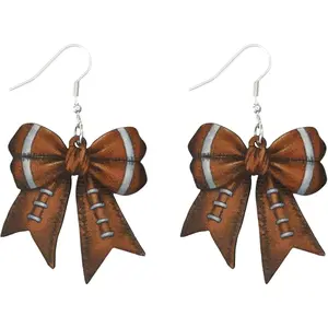 Female Hypoallergenic 1.4g Each Wooden Football Bowknot Drop Earrings - Football Fashion Accessory for Tailgating Parties