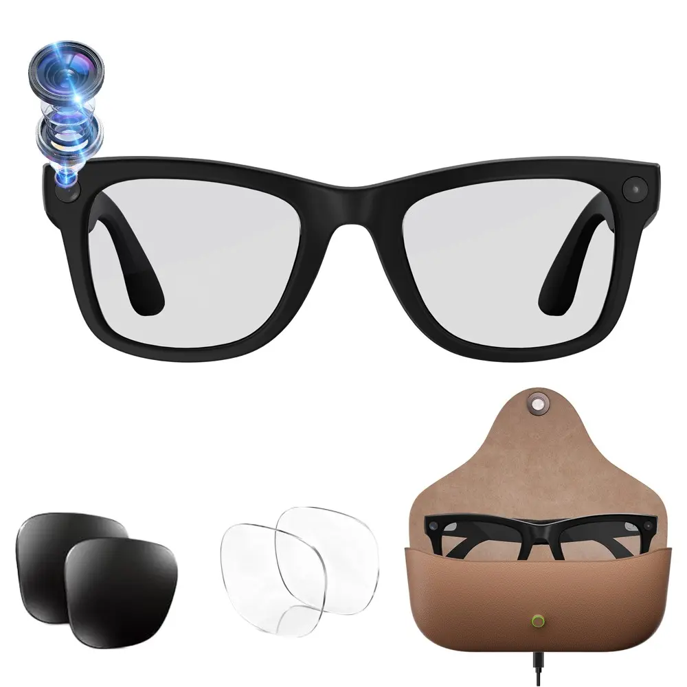 Bluetooth Audio AI Smart Glasses,8MP Camera, TR90 Frame+Metal Hinge,Leather Charging Case, 2GB Memory , Hands-free Video Recording, 300Mah Battery, IP65 Waterproof, AI Translation, Bluetooth Call, Music Playback ,WiFi Transfer,2 Lenses Total
