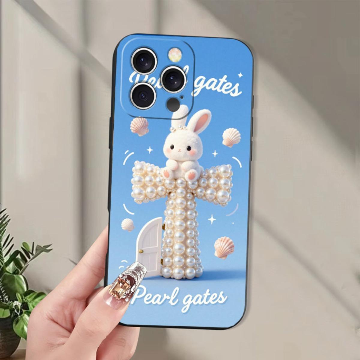 Phone case: Pearl Door religious Christian theme phone case, decorated with a cute rabbit on a pearl cross, featuring shells and glitter, suitable for iPhone 17/17pro/16/X/XS/XR/11/12/13/14/15/16Plus/17ProMax, printed imitation liquid phone case