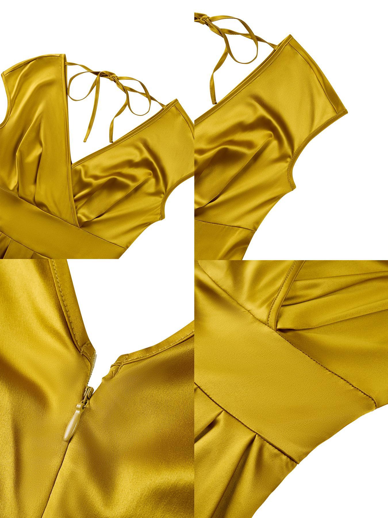 Women's Elegant Slim-Fit V-Neck Short Sleeve Woven Dress, Waist-Tapered Split Hem Long Dress, Fashionable All Season Wear