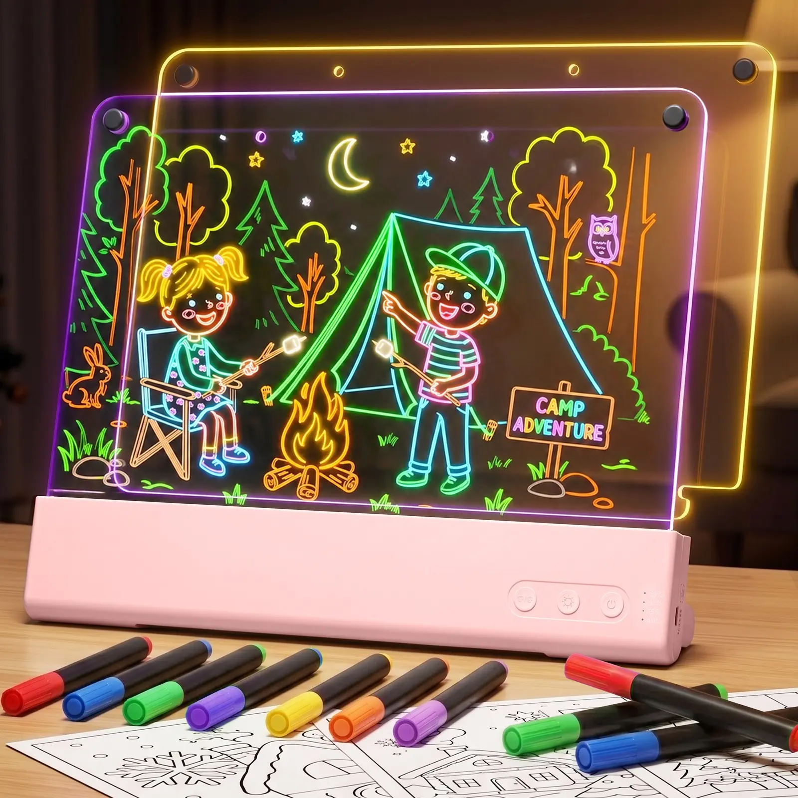 Kids 2-Layer LED Drawing Board, 16-Inch Rechargeable Glow Doodle Pad with Dynamic Light Effects, 9 Lighting Modes, 7-Color Neon Display, Creative Gift for Boys and Girls