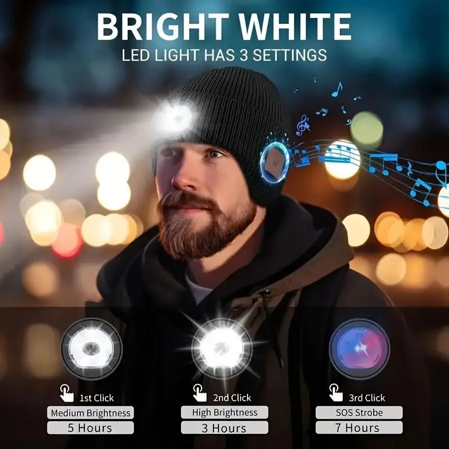 Multi-Function Headlamp with Bluetooth-compatible Earphones, Three Brightness Levels, Outdoor Camping Light, Christmas Gift Hat for Men and Women