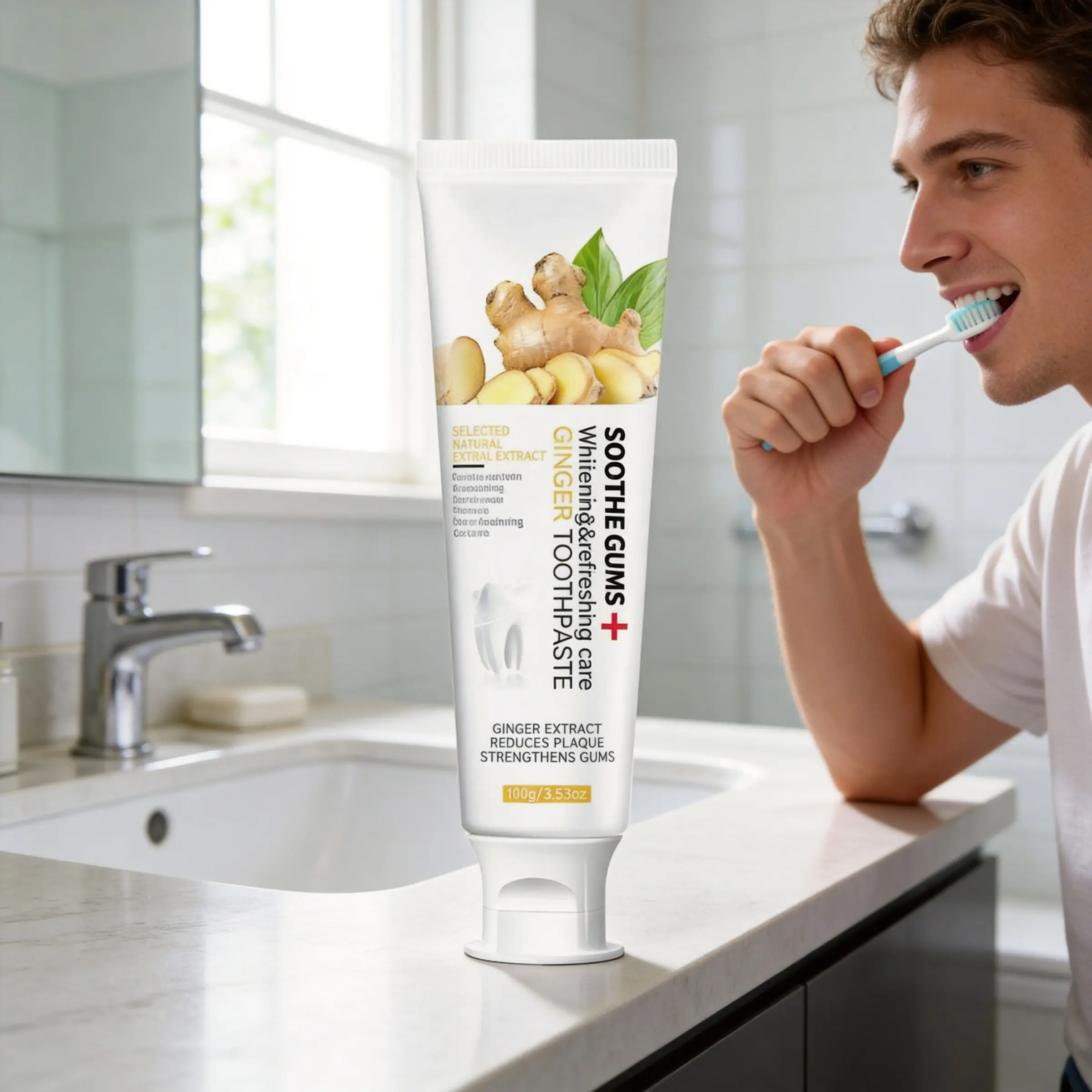 Soofating Ginger Gum Care Toothpaste, Multi Action Toothpaste, Brightening Fresh Mint Flavor, Reduces Plaque, Strengthens Gums, 100g/3.52oz