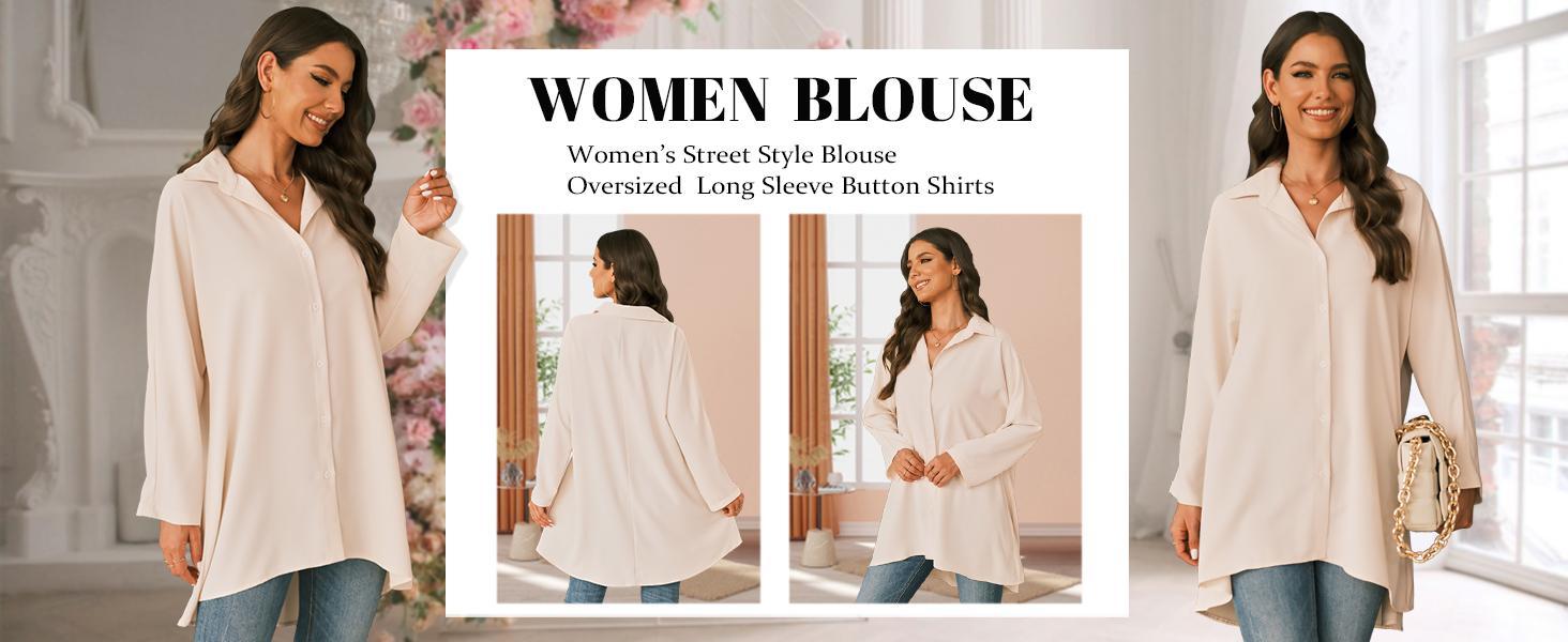 Danedvi Womens Oversized T Shirts Button Down Long Sleeve Shirt V Neck Collar Loose Flowy Blouse