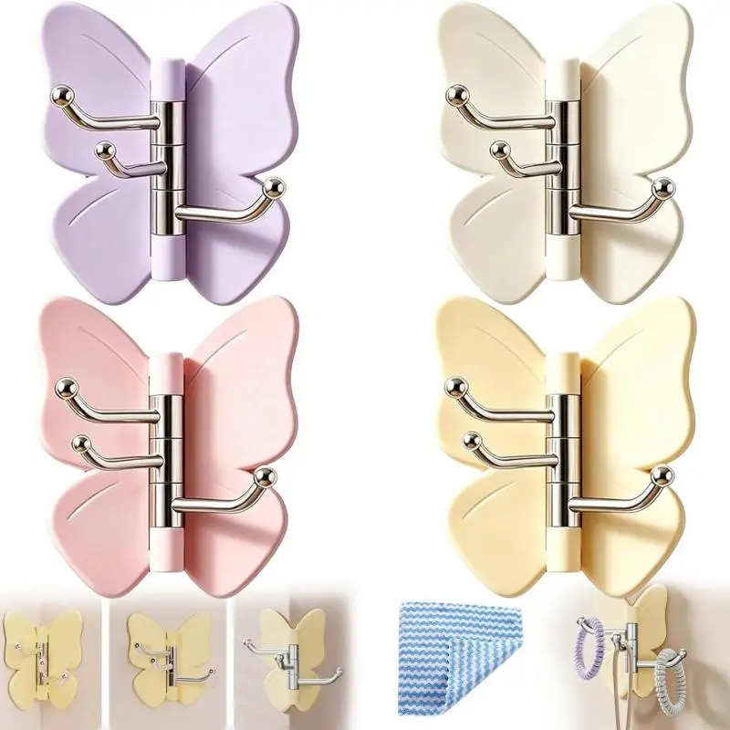 4/8 Pack Rotating Butterfly Adhesive Wall Hooks - 270° Adjustable Wings, 180° Rotatable 3-Hook Design, No-Drill, Ideal for Uneven Corners in Bathrooms & Kitchens (Home Organizer),kitchen home organization, household storage