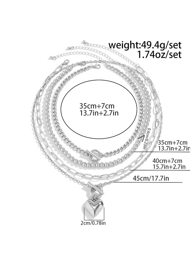 Women's Punk Style Love Heart Necklace & Chain Necklace & Beaded Necklace, Stackable Clavicle Chain, Multilayer Necklace, 4pcs/set Trendy Ot Buckle Design Matching Necklaces, Chic All-match Jewelry As Gift for Girlfriend, Exquisite Jewelry Gift