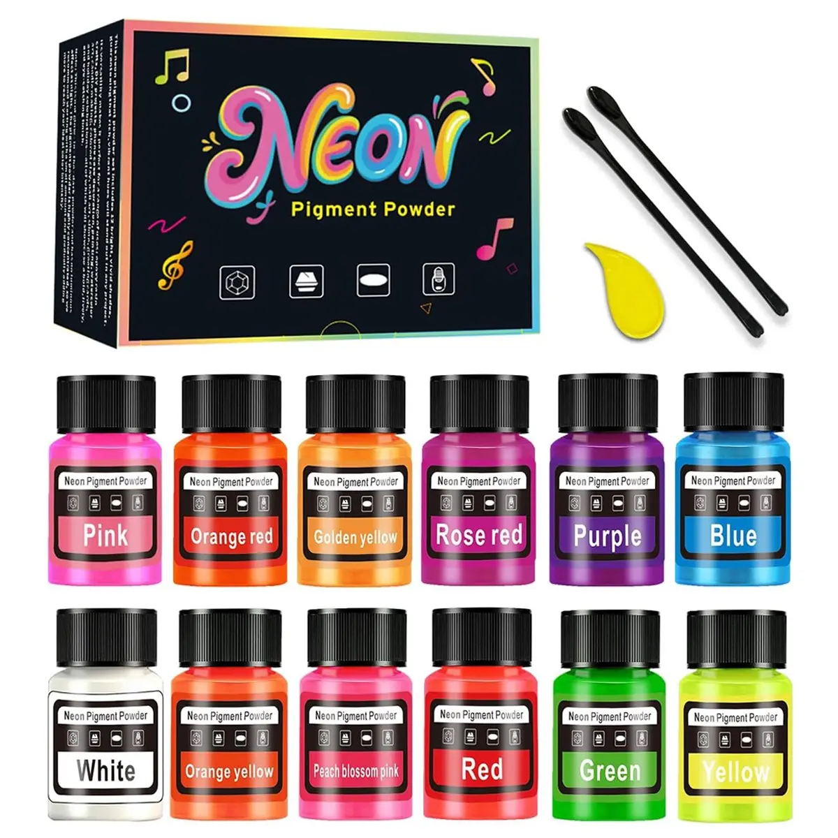 Neon Pigment Powder, Vibrant Fluorescent Epoxy Resin Pigment, Non-Toxic Colorant for Nail Art, Slime, Painting, Art Craft Supplies, 12 Colors, 20ML