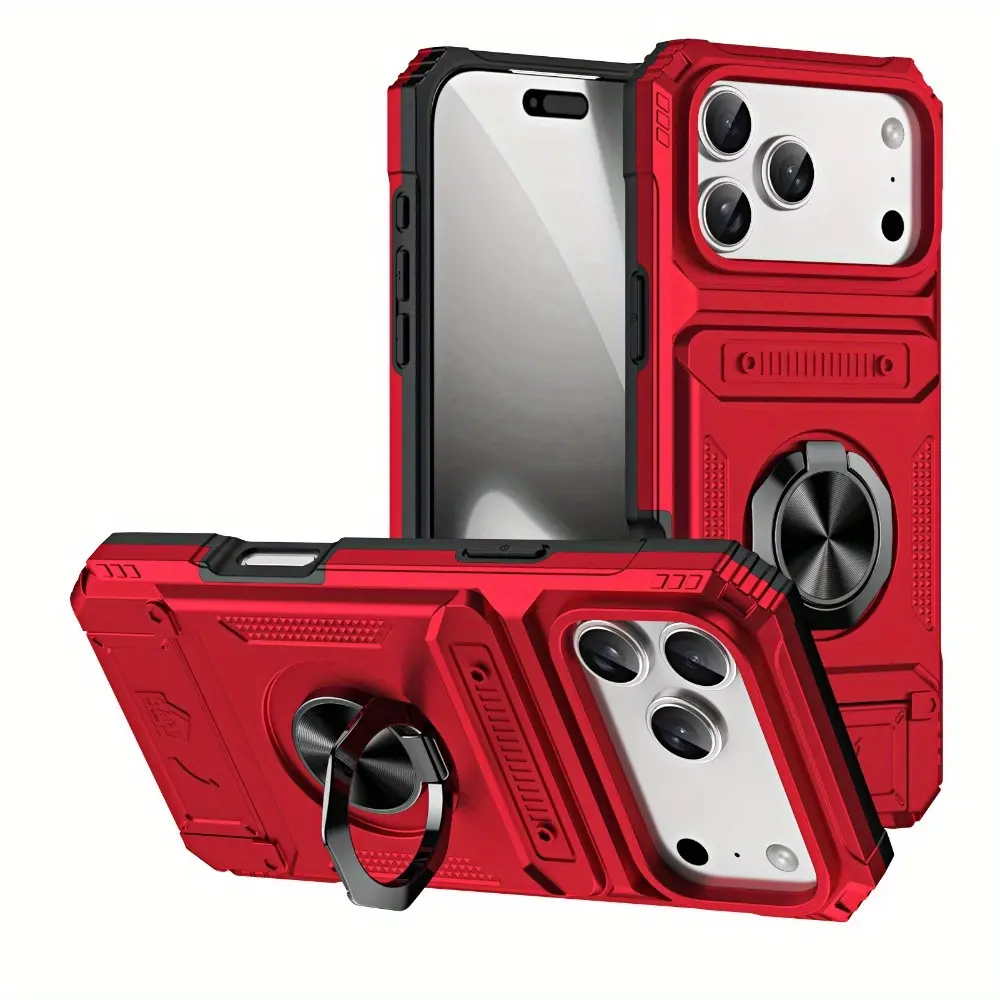 Armor Style Card Storage Phone Case for iPhone 17/16/15/14/13/12 Pro Max Plus Air, Magnetic Compatible 360 °   Ring Kickstand Shock Absorbing Durable Cover