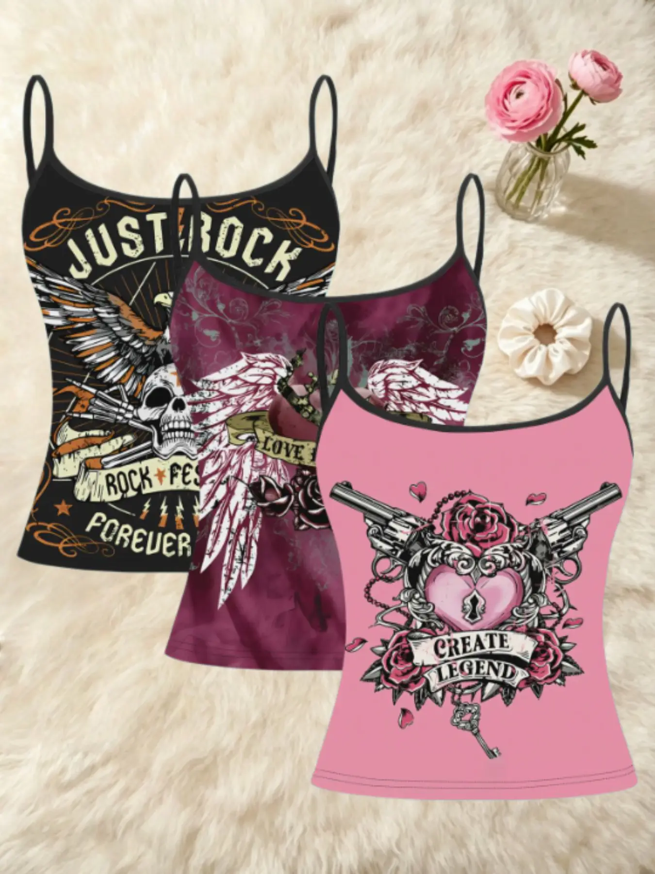 Plus Size Women's 3-Piece Set, American Punk Y2K Style, Retro Rock Summer Casual Sleeveless Spaghetti Strap Strappy Cami Tank Tops, Slim-Fitting, All over Print