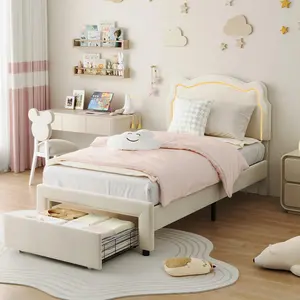 Twin Platform Bed Frame, Velvet Upholstered Kids Bed Frame with Height Adjustable Bear-Shaped Headboard, Noise Free Bed Frame with RGB LED Lights, No Box Spring Needed, Beige